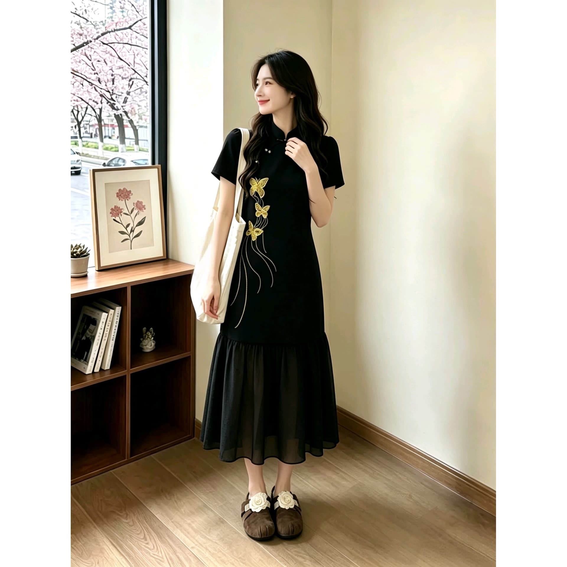 실사 빅 사이즈 여성 의류 지방 mm 레트로 중식 개선 여름 나비 자수 패치워크 쉬폰 패션 연령 감소 롱 스커트 이미지 5