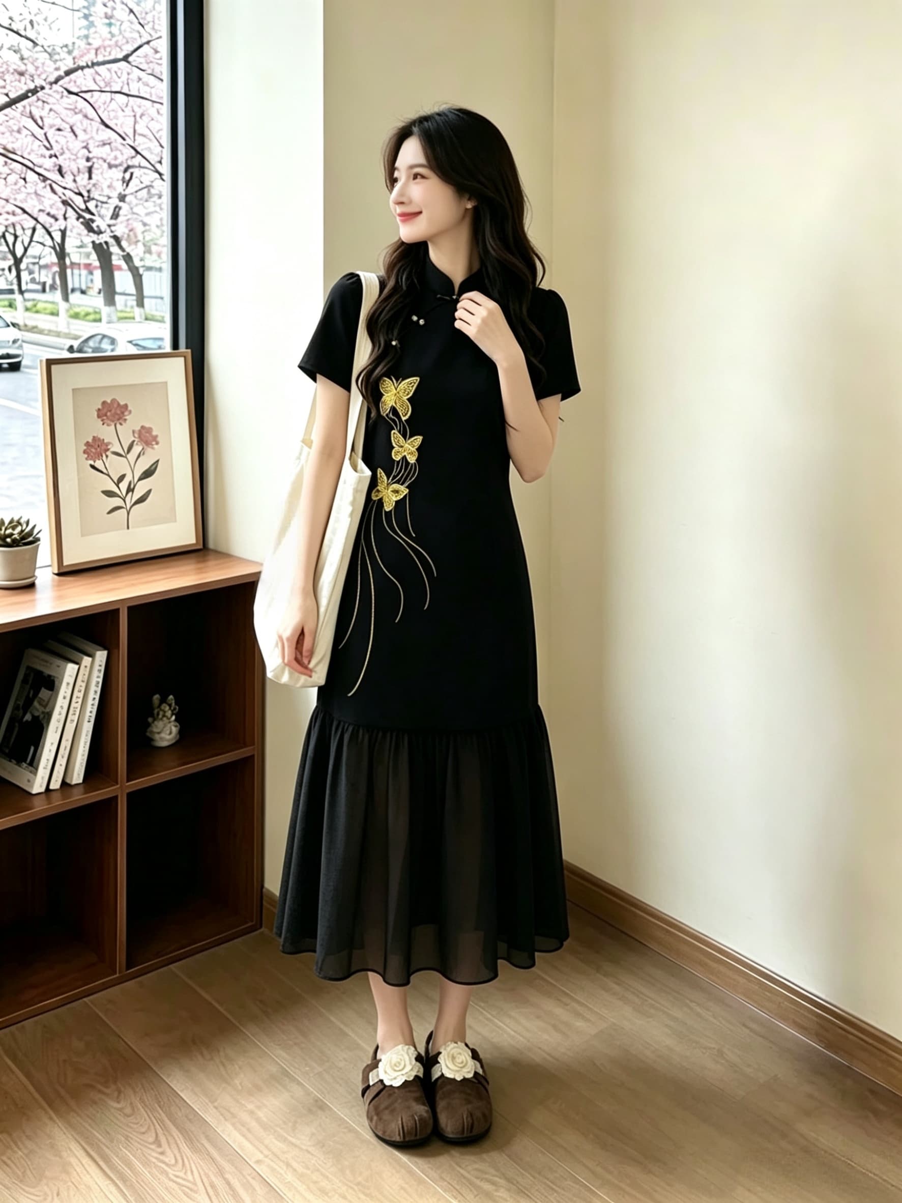 실사 빅 사이즈 여성 의류 지방 mm 레트로 중식 개선 여름 나비 자수 패치워크 쉬폰 패션 연령 감소 롱 스커트 상세 이미지 4
