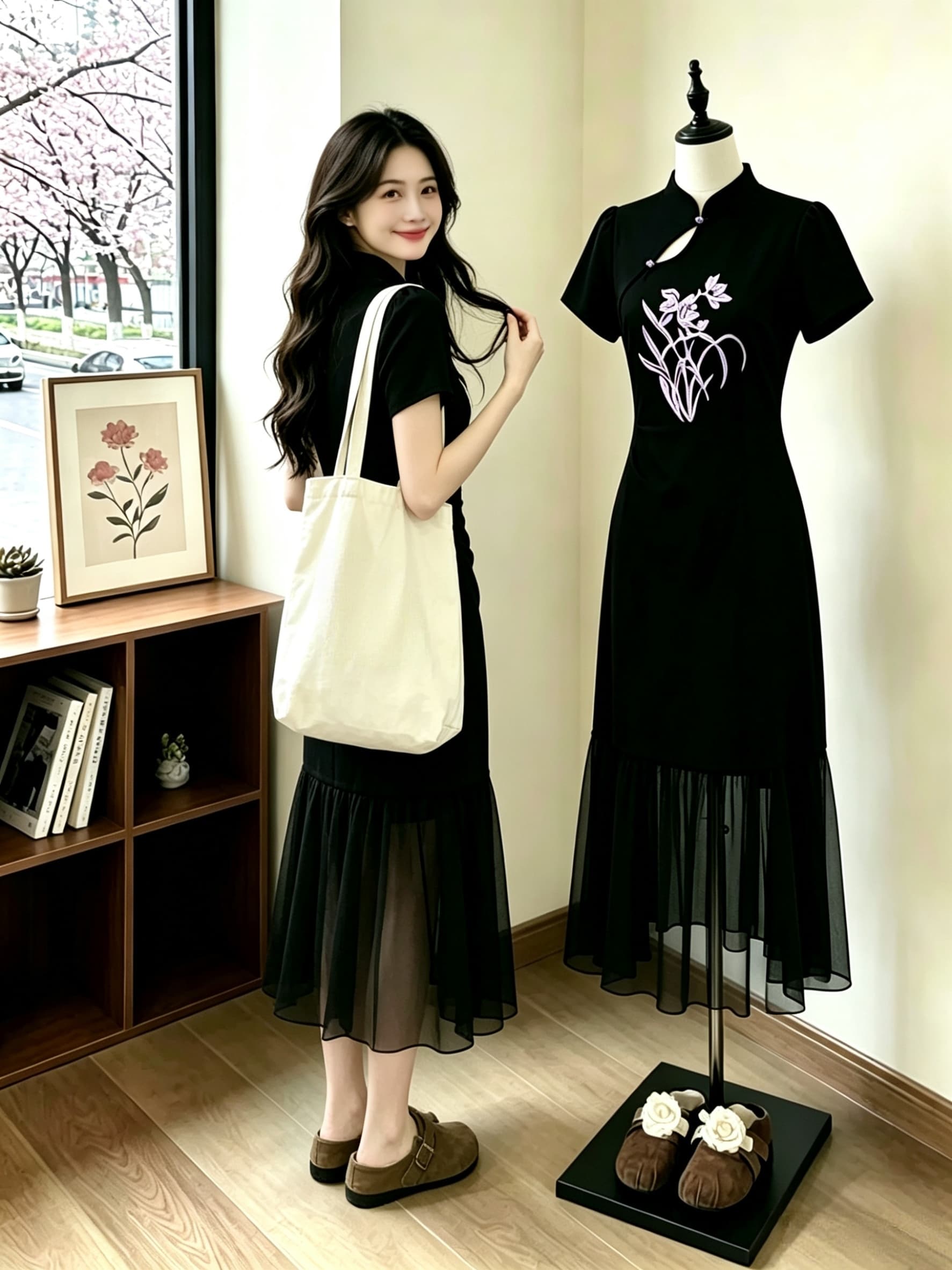 실사 빅 사이즈 여성 의류 지방 mm 레트로 중식 개선 여름 꽃 자수 패치워크 쉬폰 패션 연령 감소 롱 스커트 상세 이미지 4