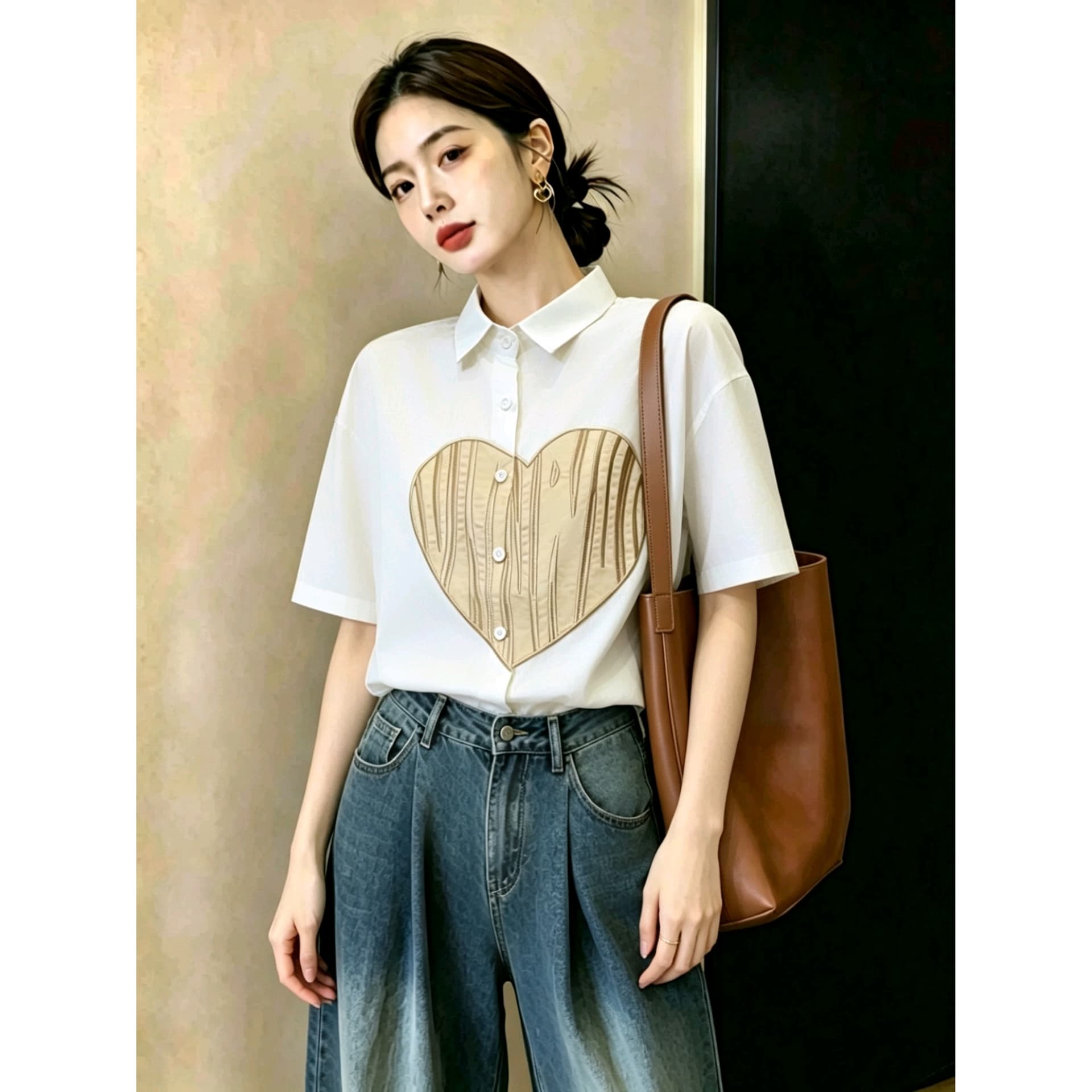 실사 빅 사이즈 여성 의류 무거운 공예 하트 자수 여름 패션 연령 감소 셔츠 맨위 이미지 5