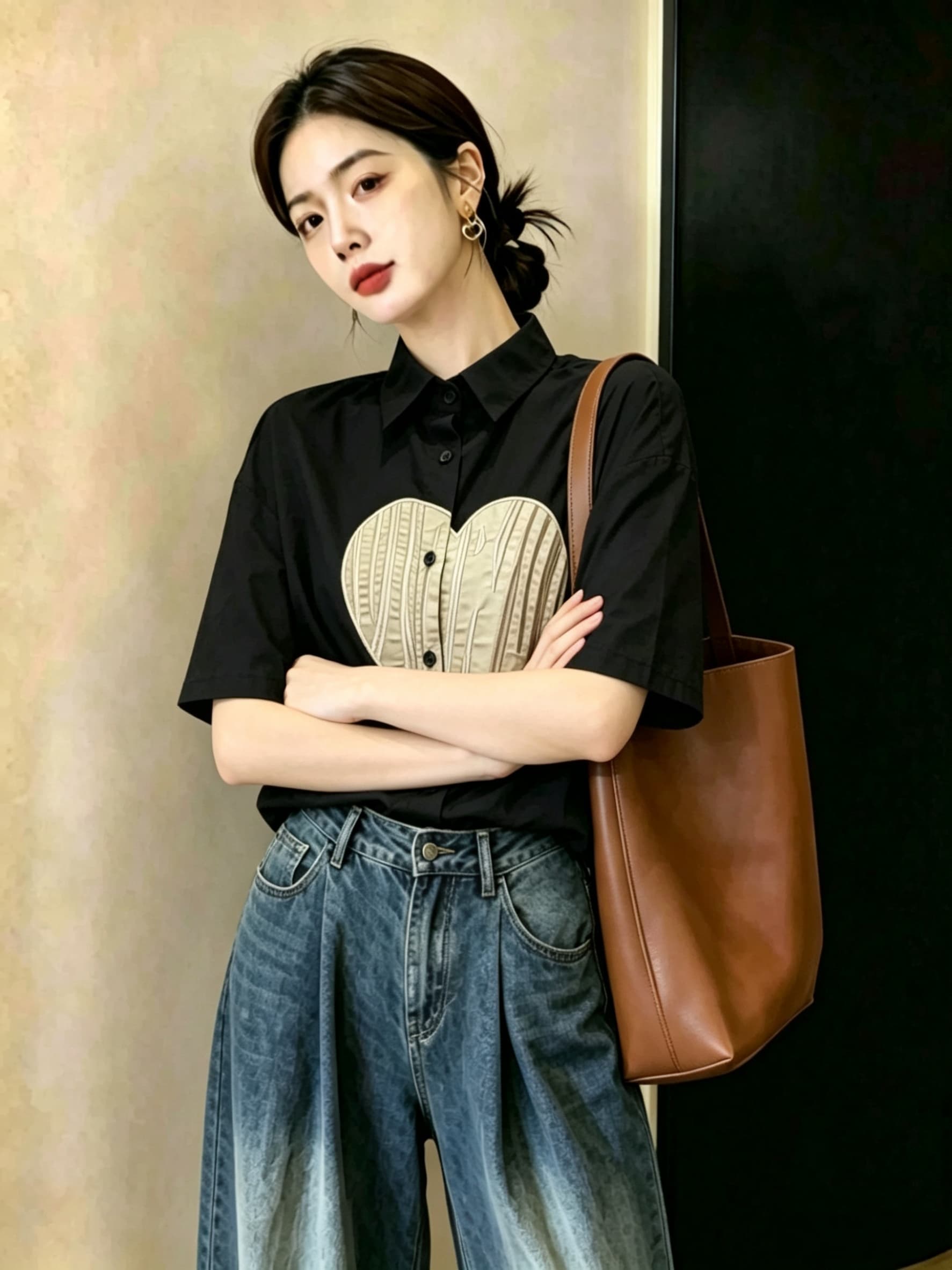 실사 빅 사이즈 여성 의류 무거운 공예 하트 자수 여름 패션 연령 감소 셔츠 맨위 상세 이미지 4
