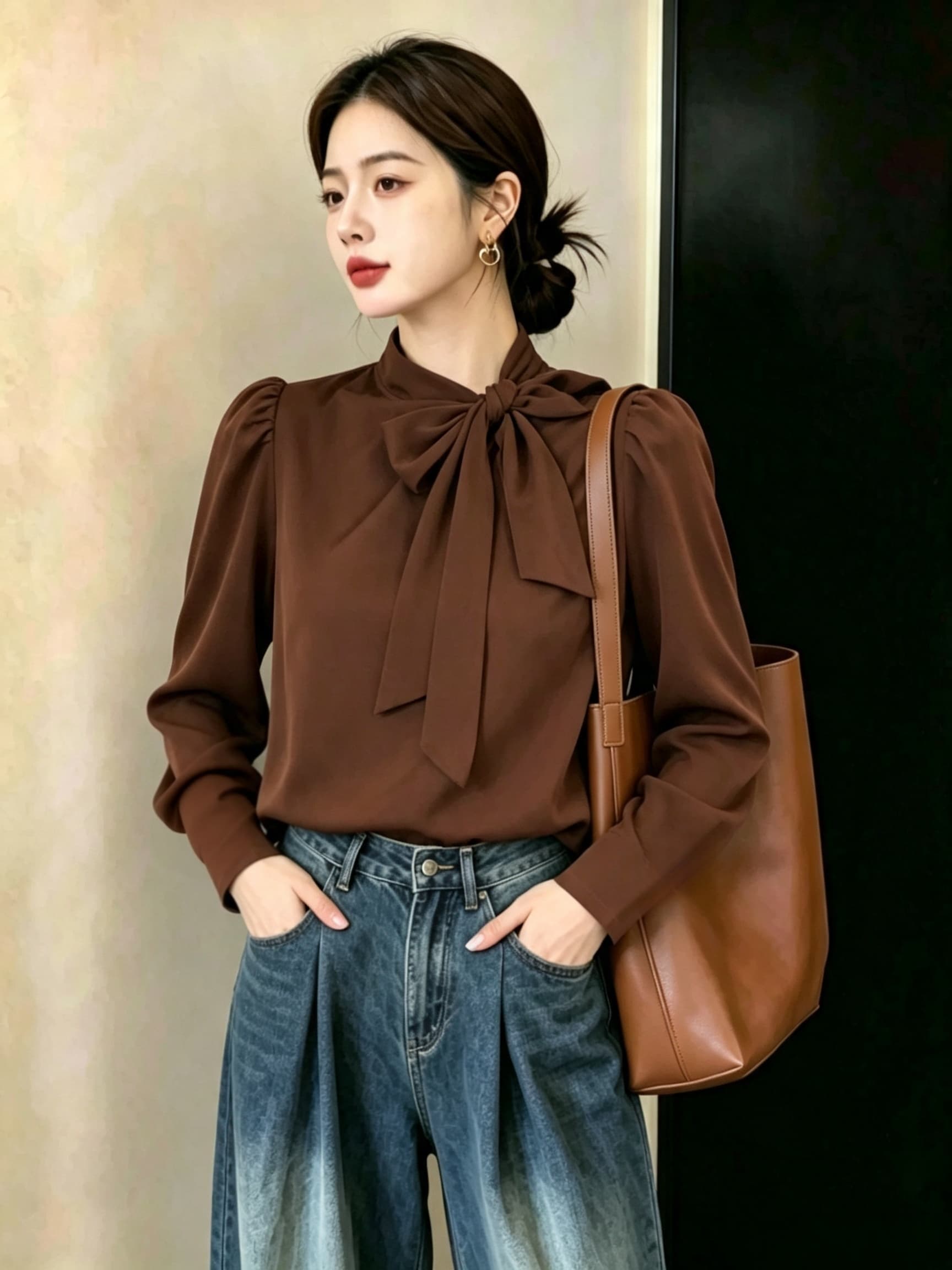실사 빅 사이즈 여성 의류 가을 신제품 커피 색상 나비 매듭 스트랩 캐주얼 품격 셔츠 맨위 이미지 2