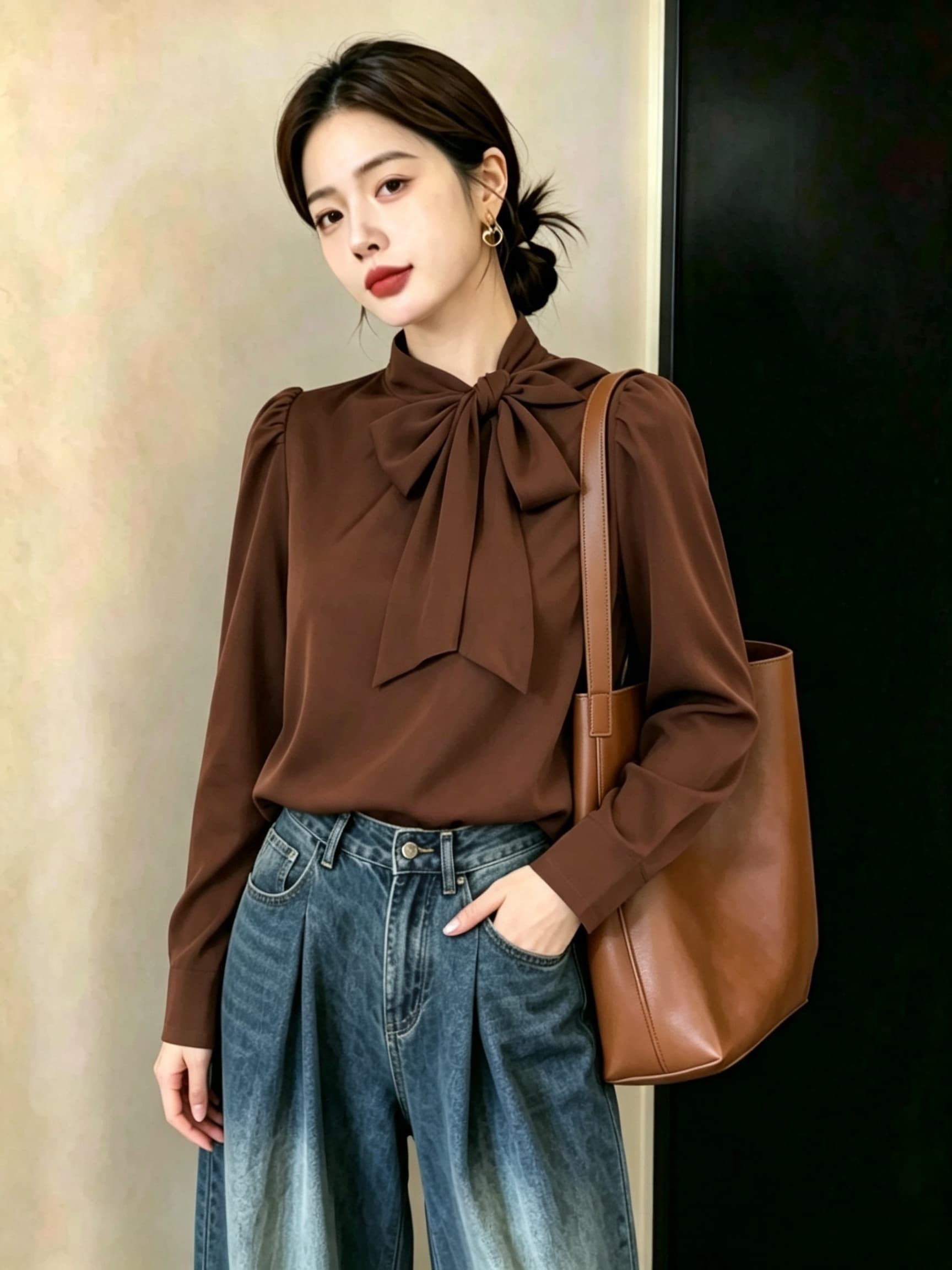 실사 빅 사이즈 여성 의류 가을 신제품 커피 색상 나비 매듭 스트랩 캐주얼 품격 셔츠 맨위 상세 이미지 8