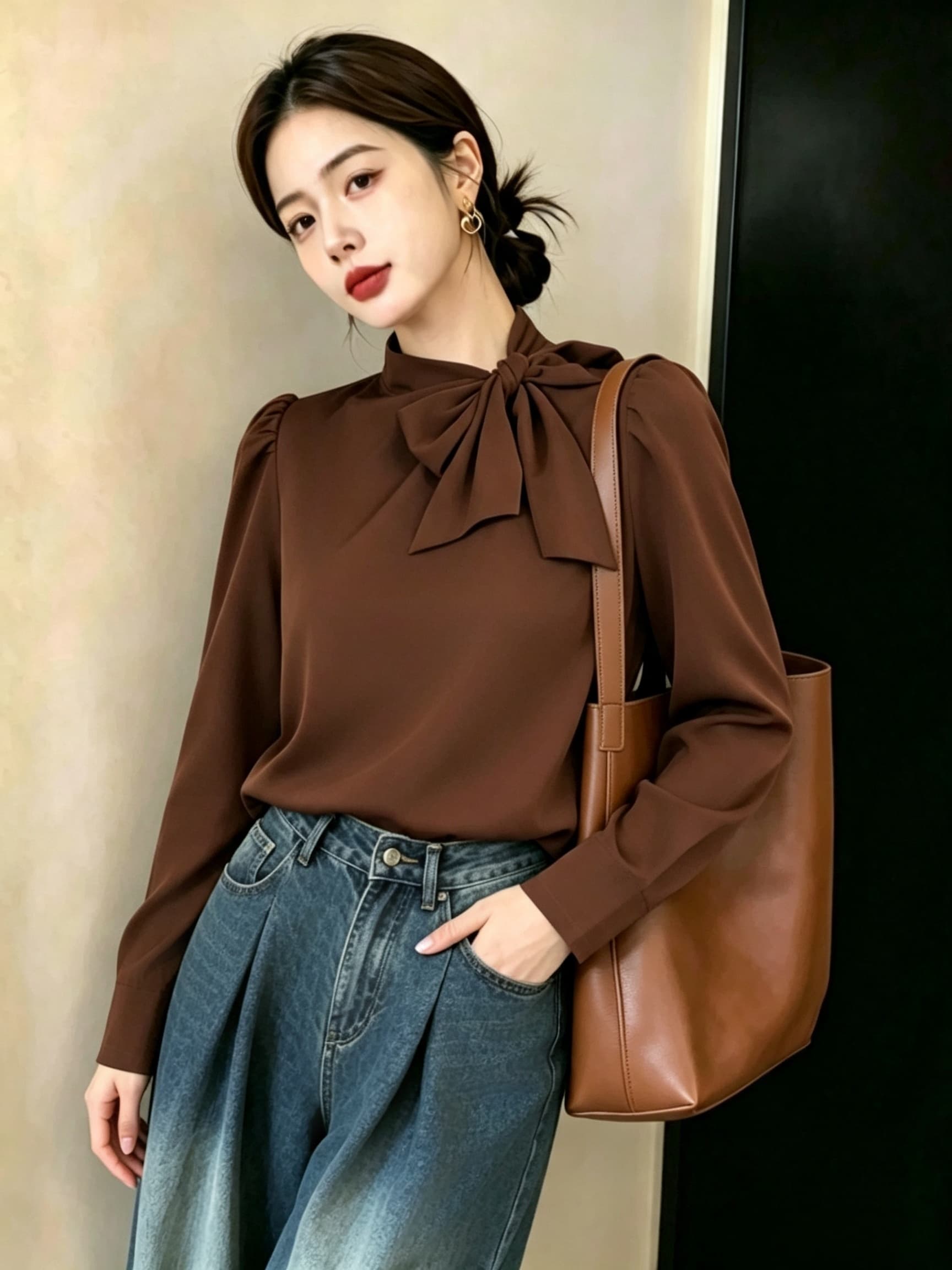실사 빅 사이즈 여성 의류 가을 신제품 커피 색상 나비 매듭 스트랩 캐주얼 품격 셔츠 맨위 상세 이미지 9