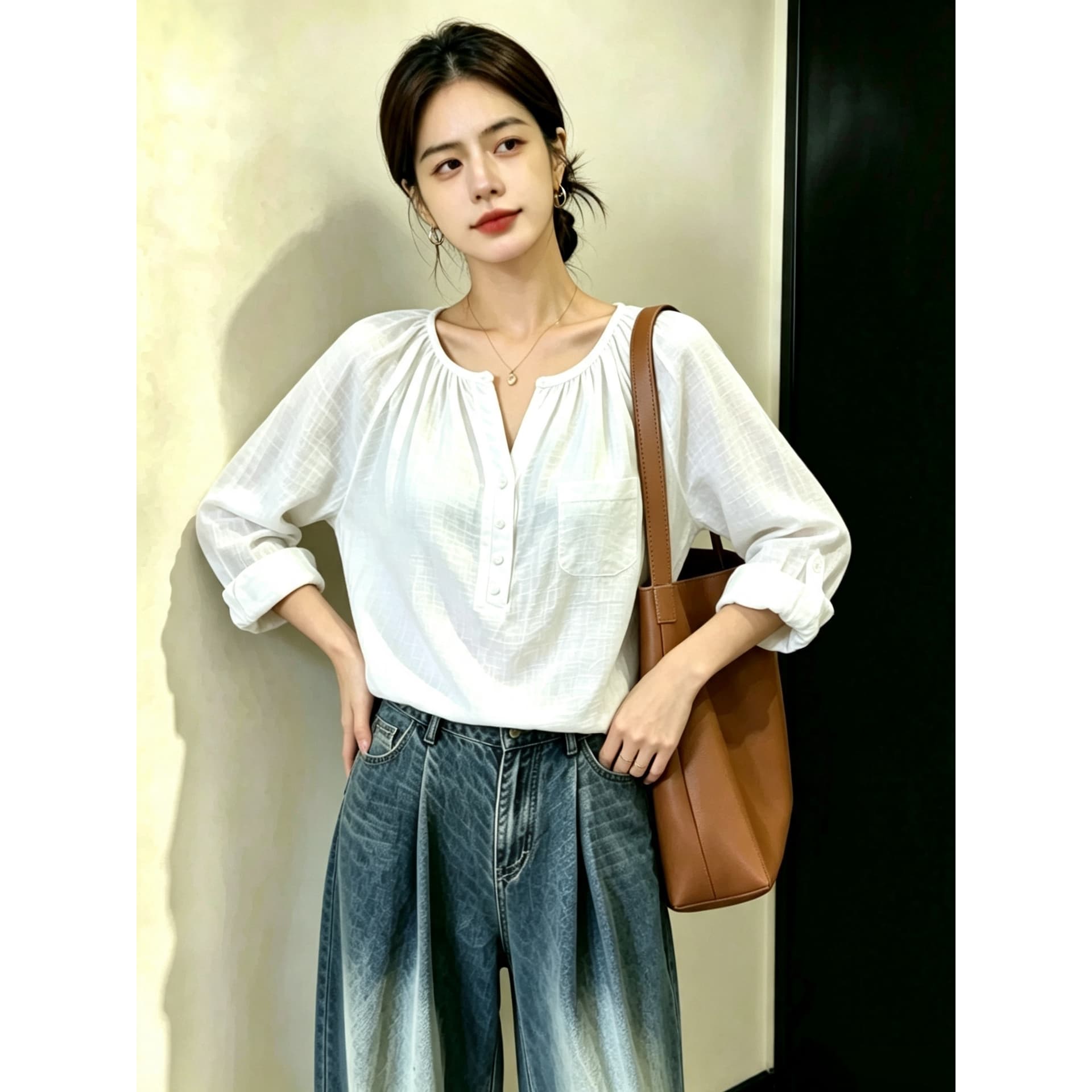 실사 빅 사이즈 여성 의류 가을 마침 소나무 신제품 면 린넨 긴팔 셔츠 맨위 셔츠 이미지 5
