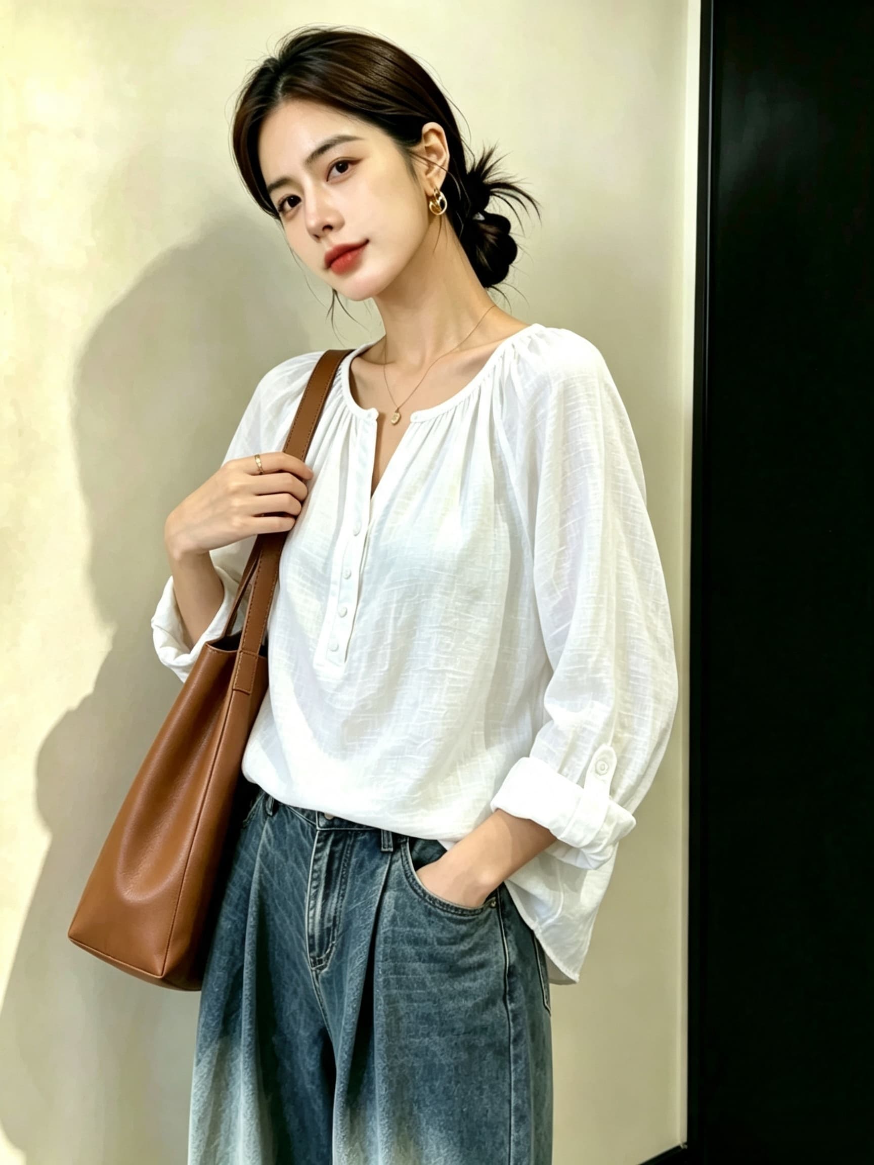 실사 빅 사이즈 여성 의류 가을 마침 소나무 신제품 면 린넨 긴팔 셔츠 맨위 셔츠