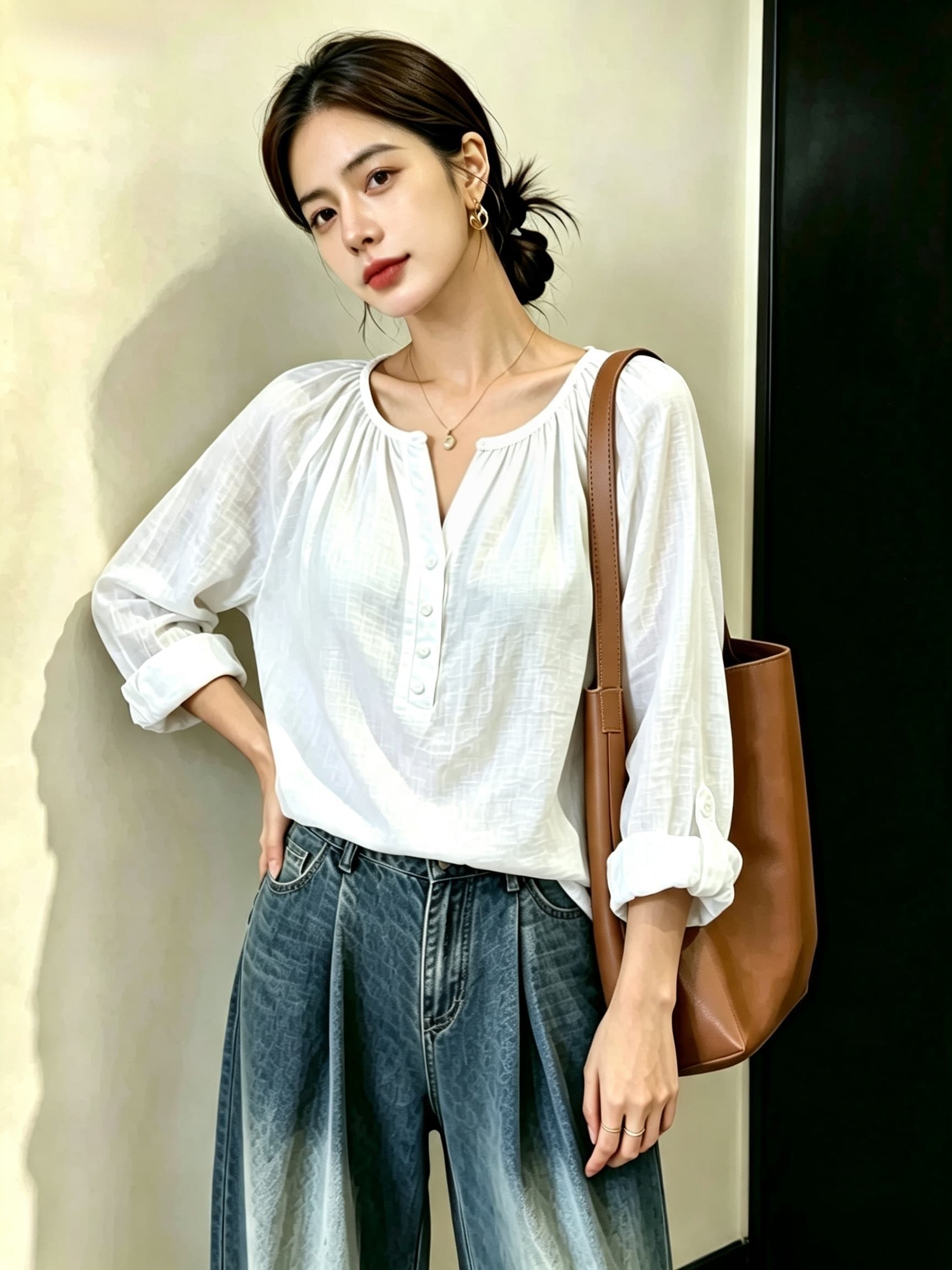 실사 빅 사이즈 여성 의류 가을 마침 소나무 신제품 면 린넨 긴팔 셔츠 맨위 셔츠 이미지 4