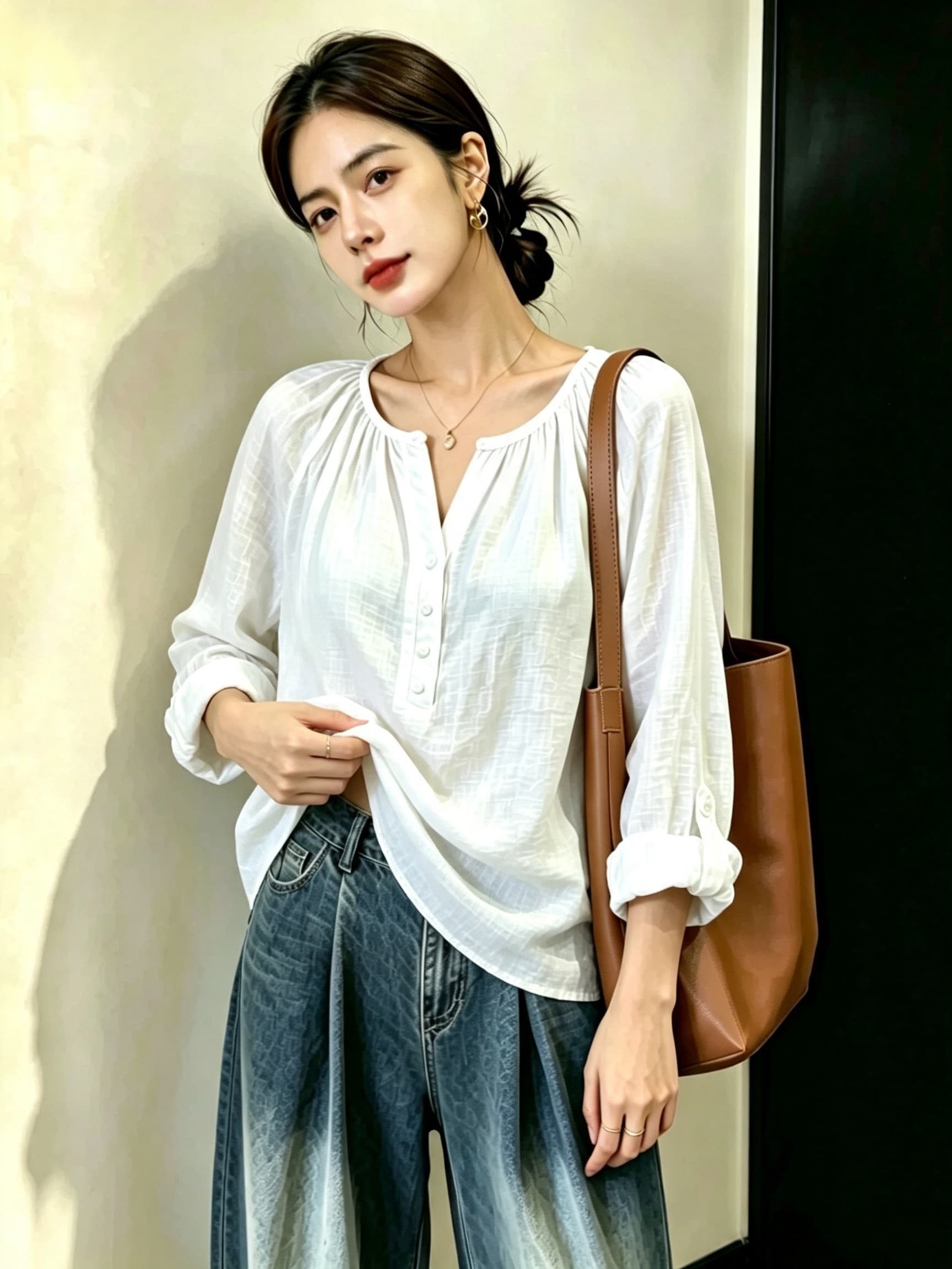 실사 빅 사이즈 여성 의류 가을 마침 소나무 신제품 면 린넨 긴팔 셔츠 맨위 셔츠 상세 이미지 4