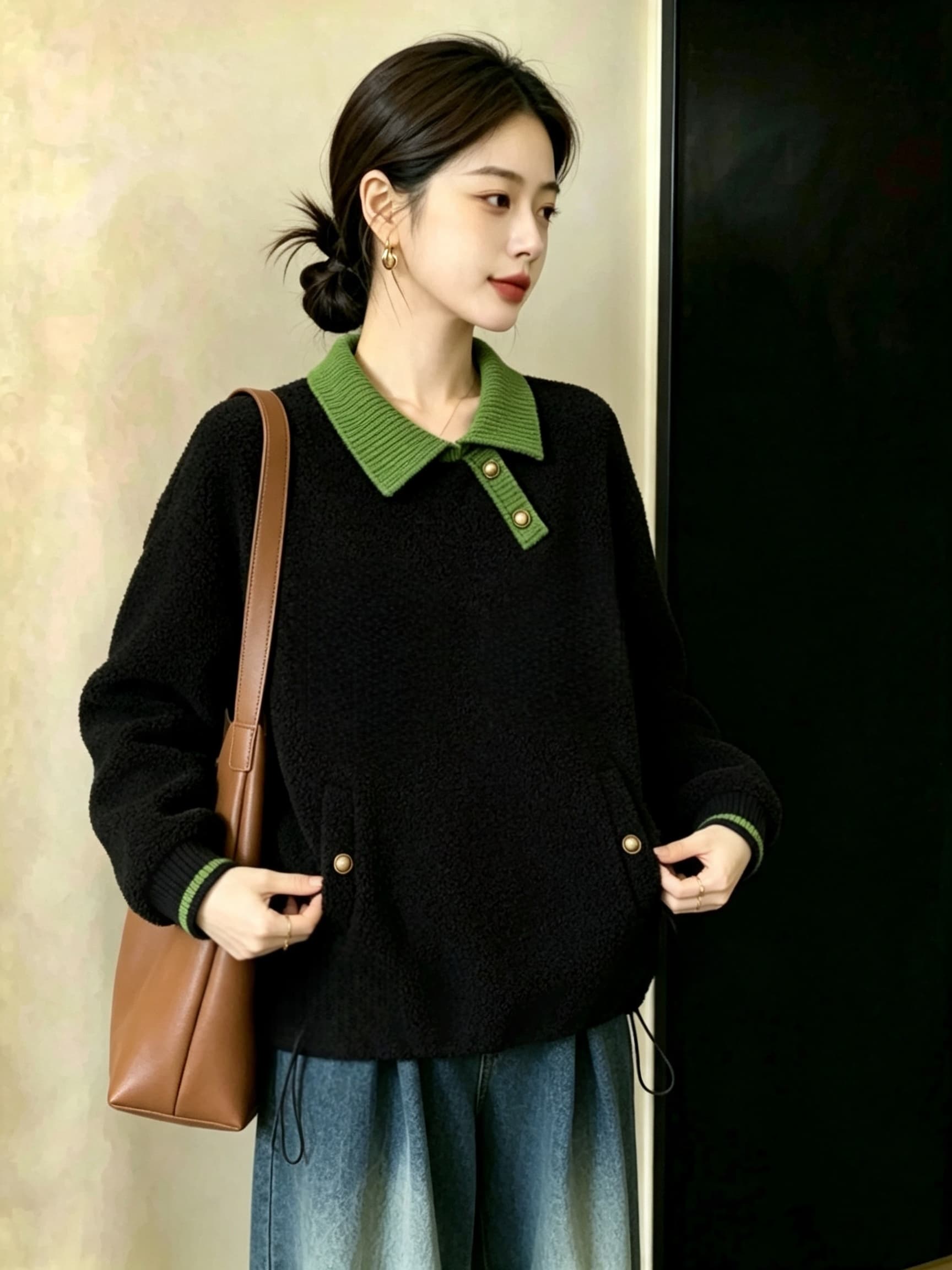 실사 검정색 양털 페이크 레이어드 후드티 여성 가을 겨울 두꺼운 새로운 유럽 상품 루즈핏 빅 사이즈 슬림해 보이는 재킷 이미지 3