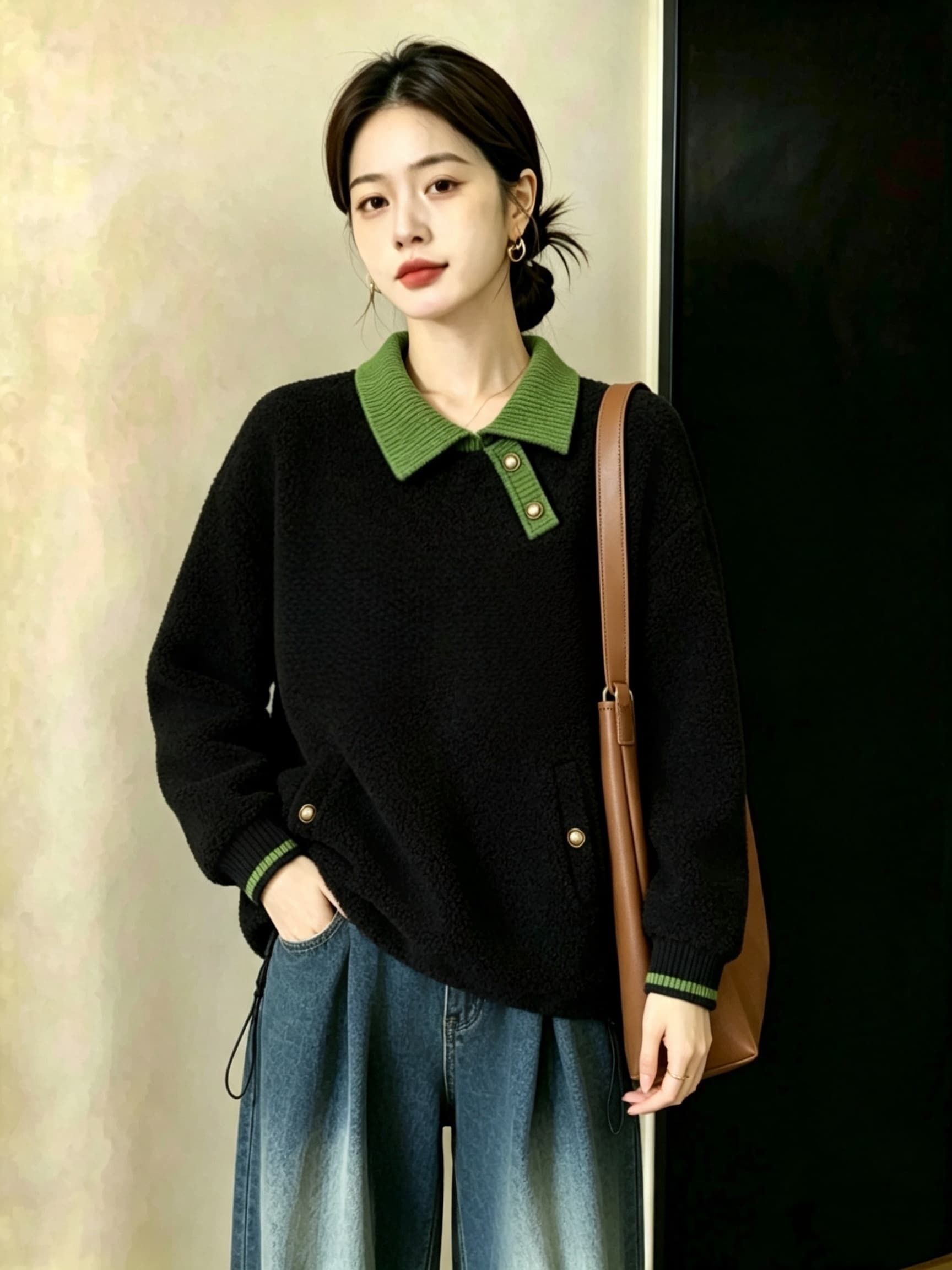 실사 검정색 양털 페이크 레이어드 후드티 여성 가을 겨울 두꺼운 새로운 유럽 상품 루즈핏 빅 사이즈 슬림해 보이는 재킷 이미지 4