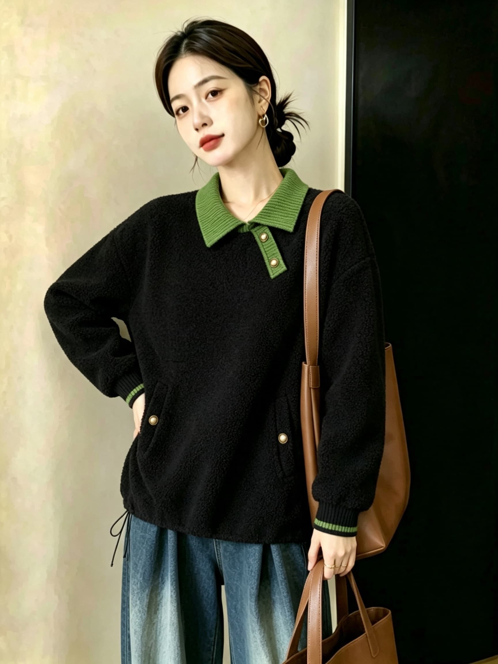 실사 검정색 양털 페이크 레이어드 후드티 여성 가을 겨울 두꺼운 새로운 유럽 상품 루즈핏 빅 사이즈 슬림해 보이는 재킷 상세 이미지 7