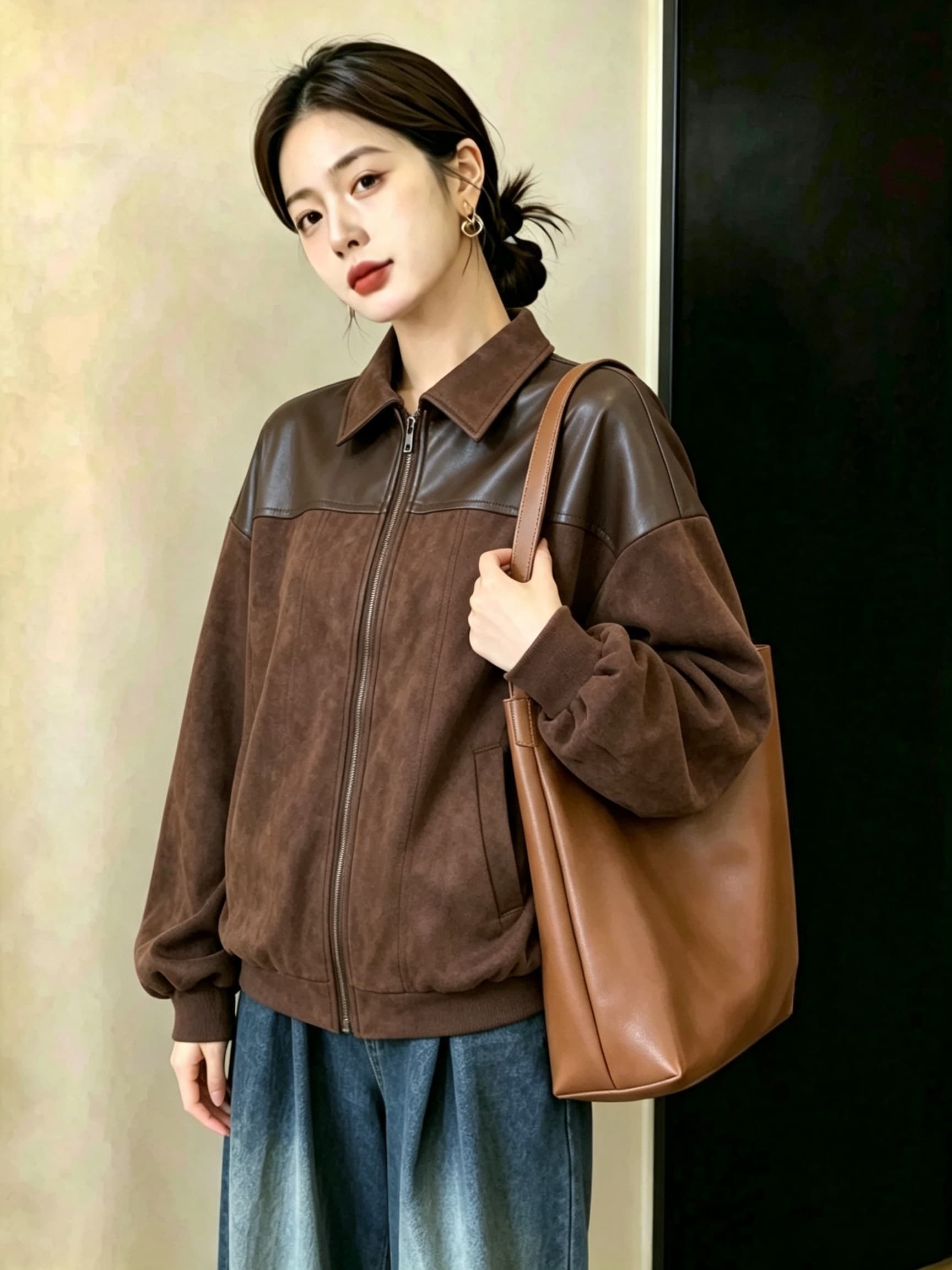 실사 빅 사이즈 여성 의류 사슴 캐시미어 패치워크 pu 가죽 자켓 가을 겨울철 맨위 이미지 2