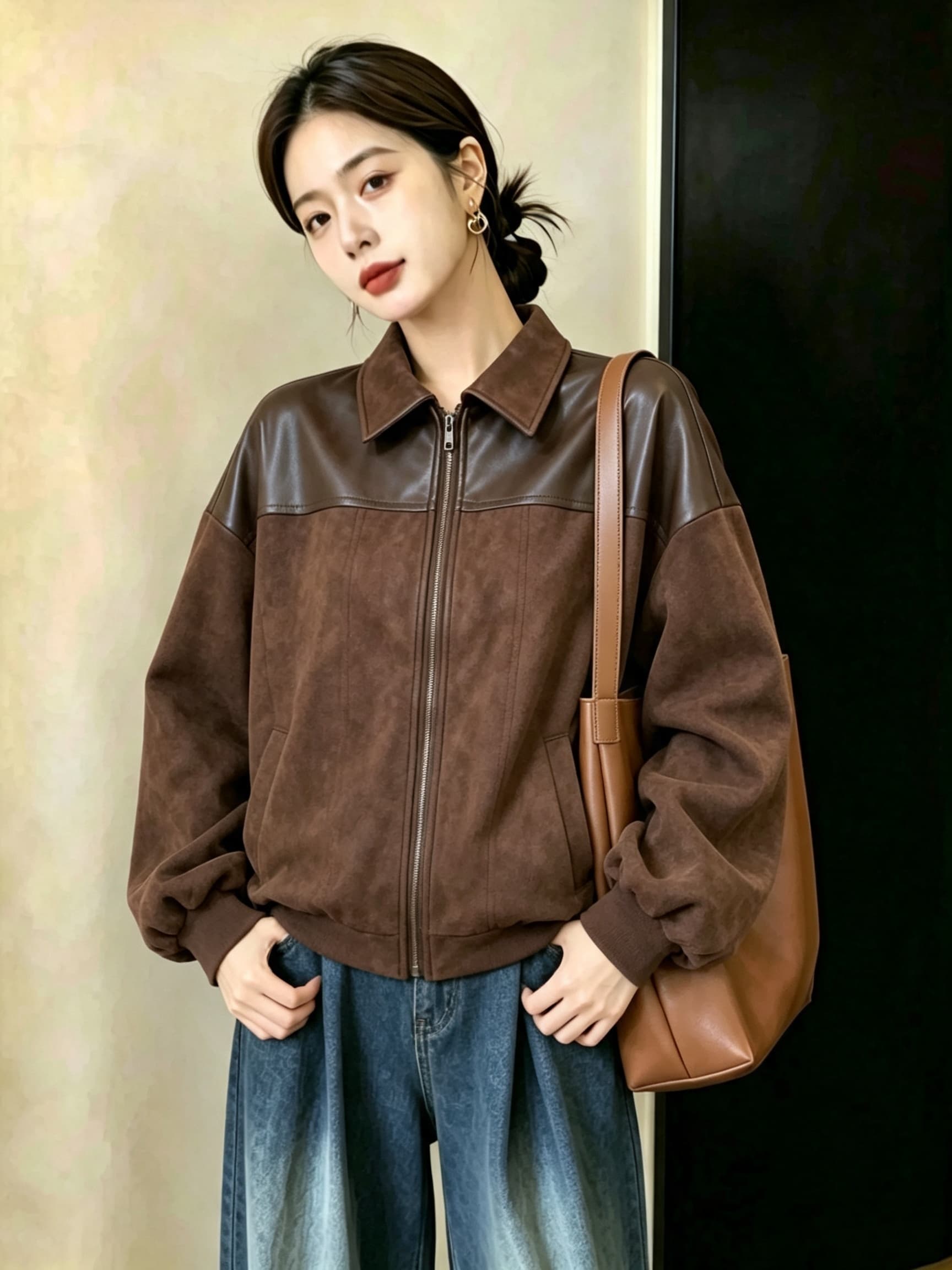 실사 빅 사이즈 여성 의류 사슴 캐시미어 패치워크 pu 가죽 자켓 가을 겨울철 맨위 상세 이미지 7