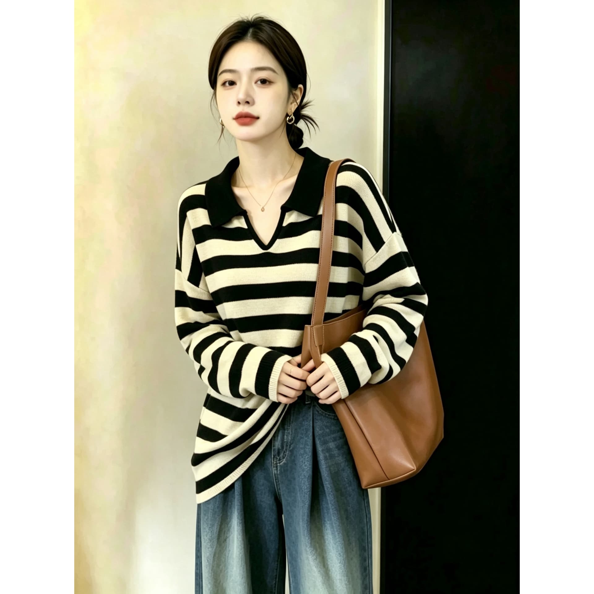 실사 빅 사이즈 여성 의류 지방 mm 패션 V넥 폴로 칼라 가을과 겨울 신제품 스트라이프 루즈핏 캐주얼 맨위 니트 스웨터 이미지 5