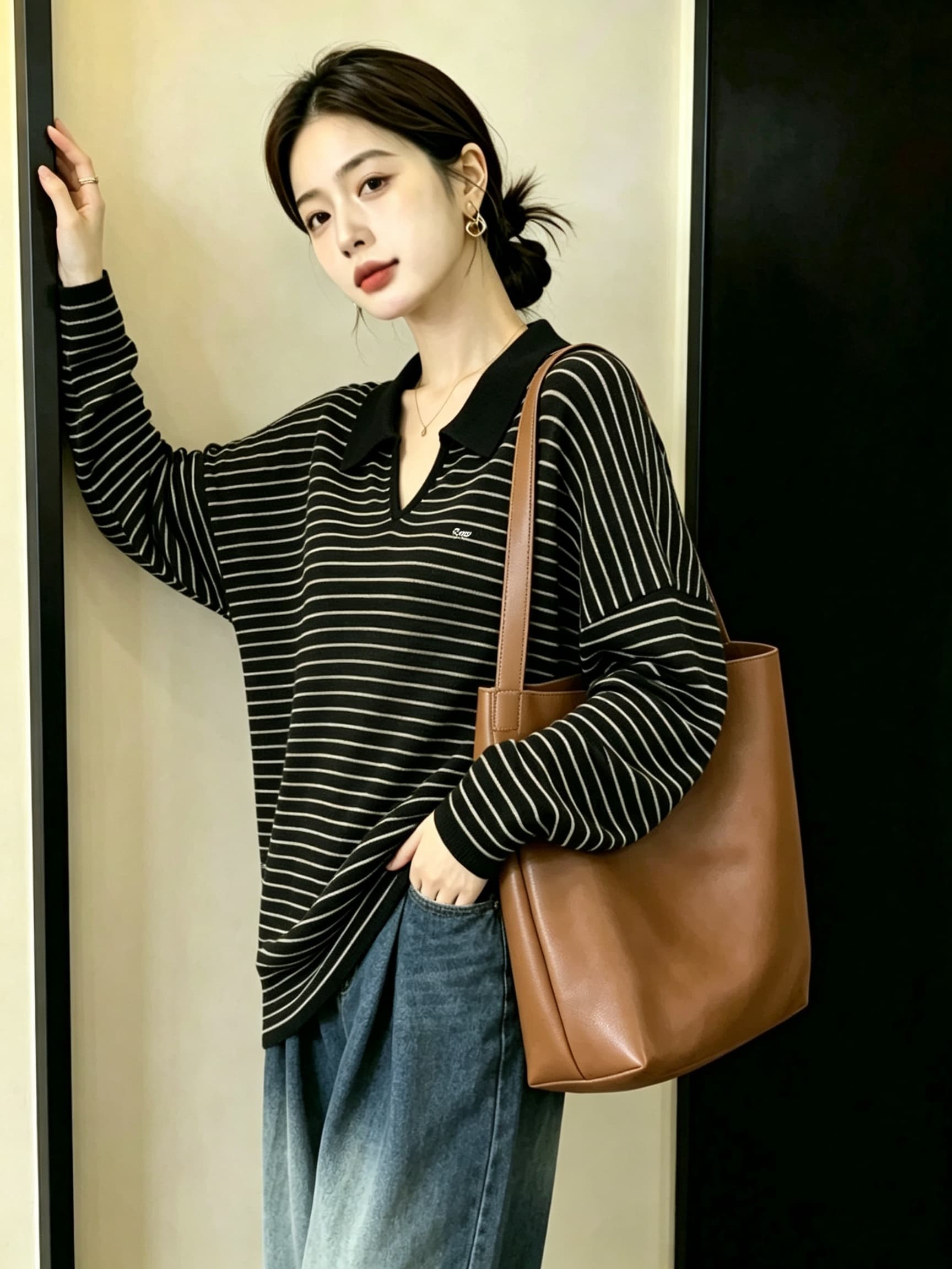 실사 빅 사이즈 여성 의류 지방 mm 패션 V넥 폴로 칼라 가을과 겨울 신제품 스트라이프 루즈핏 캐주얼 맨위 니트 스웨터 이미지 2
