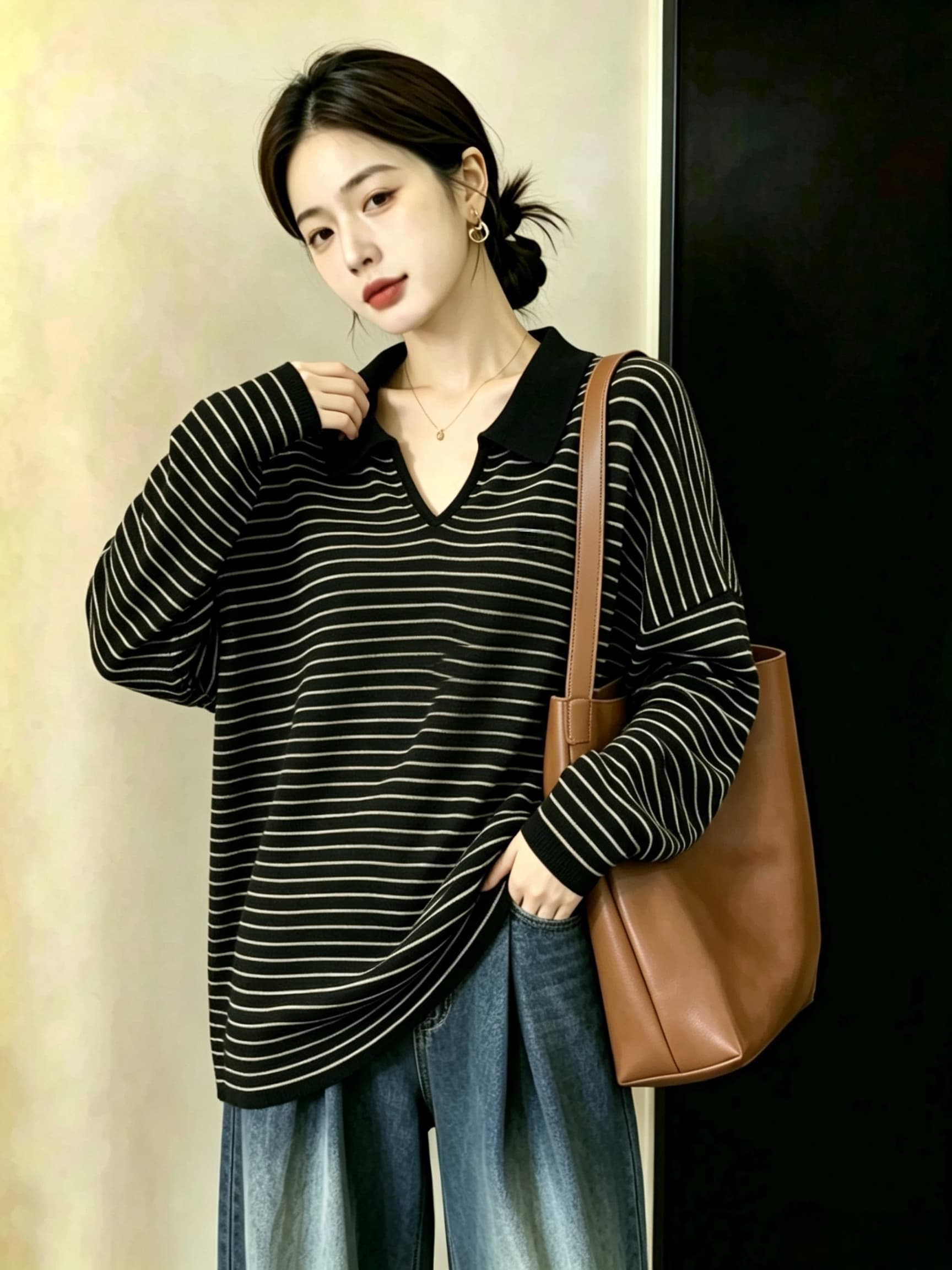 실사 빅 사이즈 여성 의류 지방 mm 패션 V넥 폴로 칼라 가을과 겨울 신제품 스트라이프 루즈핏 캐주얼 맨위 니트 스웨터 상세 이미지 8