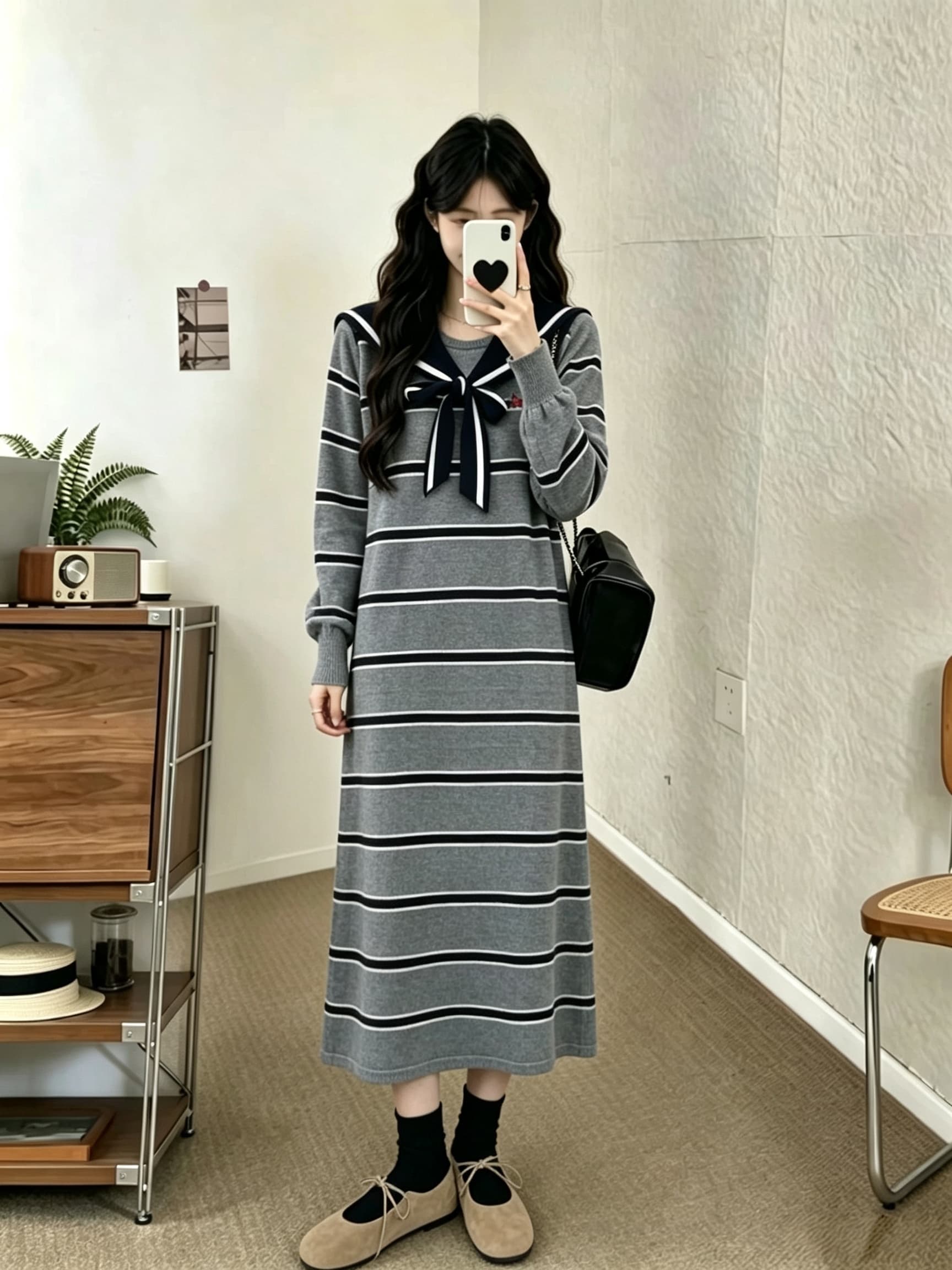 실사 빅 사이즈 지방 mm 여성 의류 연령 감소 학원 스타일 스트라이프 넥타이 가을 겨울철 니트 스웨터 슬림해 보이는 루즈핏 롱 스커트 상세 이미지 2