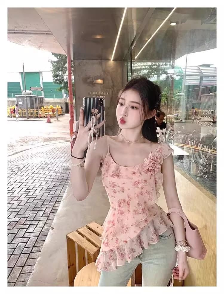 꽃무늬 불규칙 프릴 캐미솔 여름 디자인 센스 허리 수축 몸매 가꾸기 민소매 쉬폰 톱 상세 이미지 13