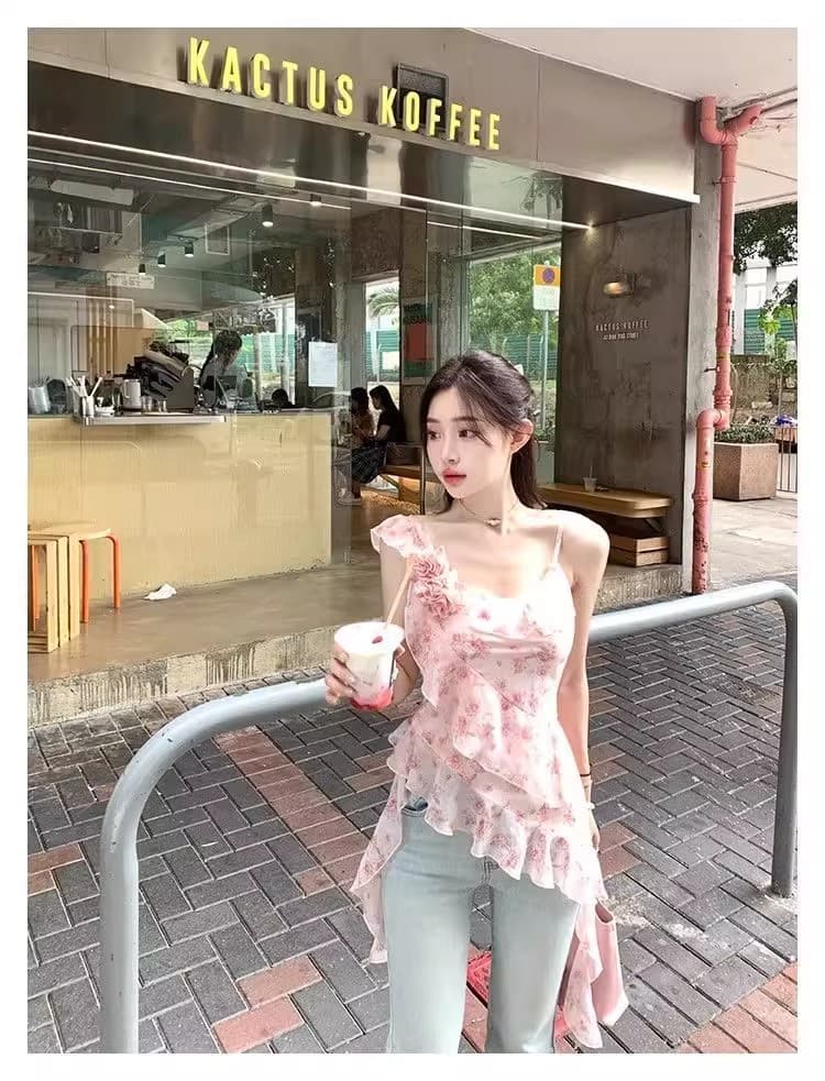 꽃무늬 불규칙 프릴 캐미솔 여름 디자인 센스 허리 수축 몸매 가꾸기 민소매 쉬폰 톱 상세 이미지 20