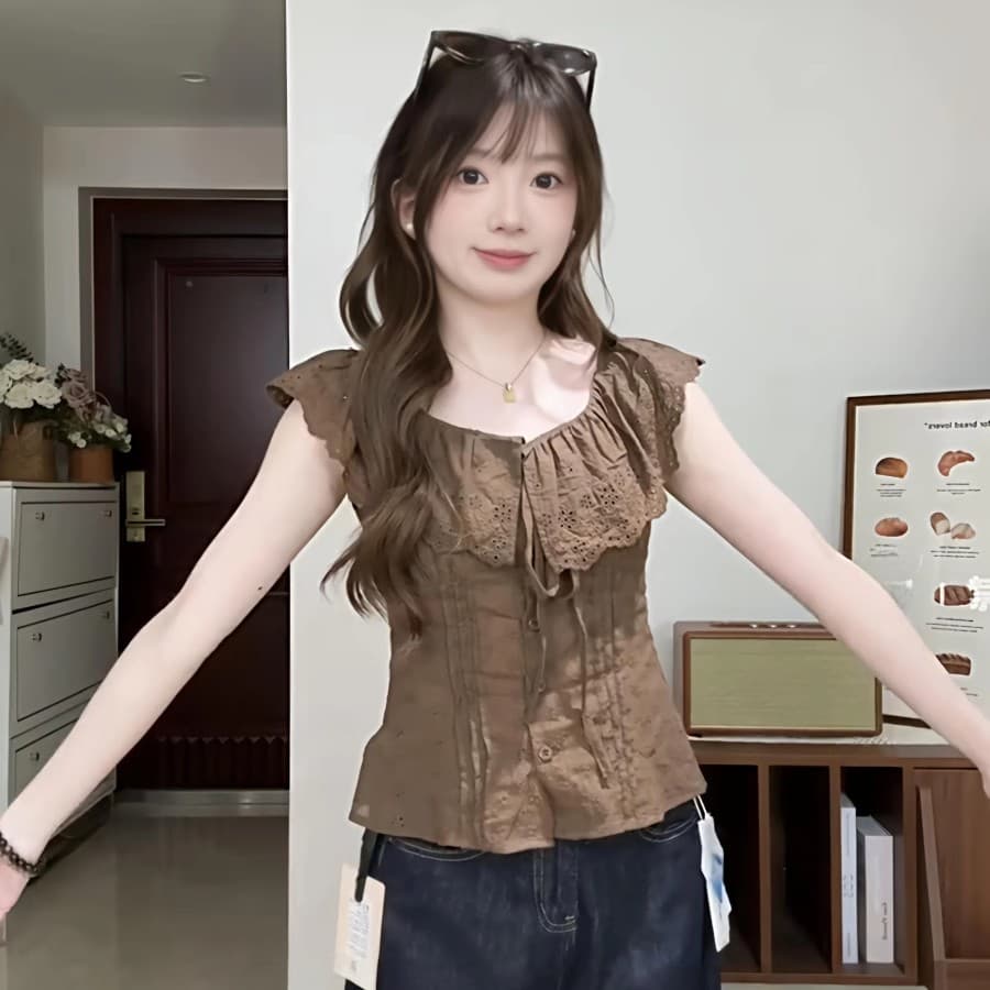 순수한 욕망 바람 프릴 홀로우 아웃 민소매 셔츠 여름 새로운 허리 수축 표지 고기 슬림해 보이는 커피 색상 맨위 이미지 2