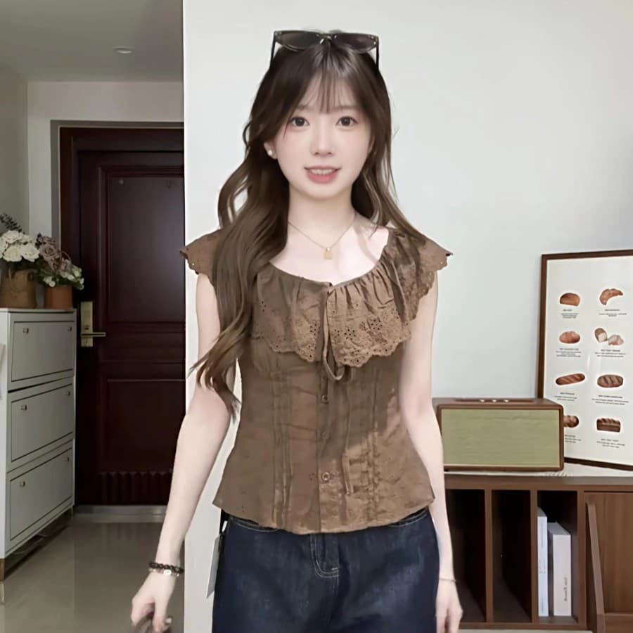 순수한 욕망 바람 프릴 홀로우 아웃 민소매 셔츠 여름 새로운 허리 수축 표지 고기 슬림해 보이는 커피 색상 맨위 상세 이미지 3
