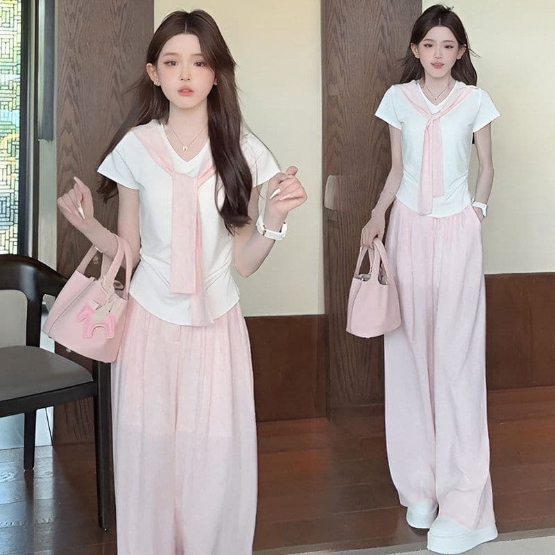 여름 새로운 미니멀리즘 패션 세트 디자인 Chic 페이크 레이어드 맨위 짧은 티셔츠 와이드 레그 팬츠 투피스 세트 이미지 3