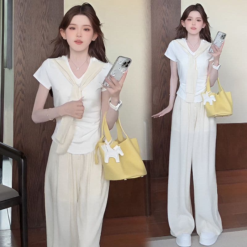 여름 새로운 미니멀리즘 패션 세트 디자인 Chic 페이크 레이어드 맨위 짧은 티셔츠 와이드 레그 팬츠 투피스 세트 이미지 4