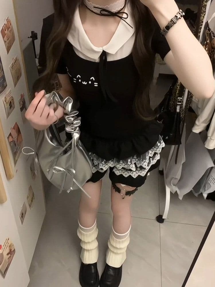 일본식 귀여운 하우스 부서 베이비 칼라 배색 반팔 맨위 케이크 드레스 두 조각 여성 세트 여름 새로운 연령 감소 세트 이미지 3