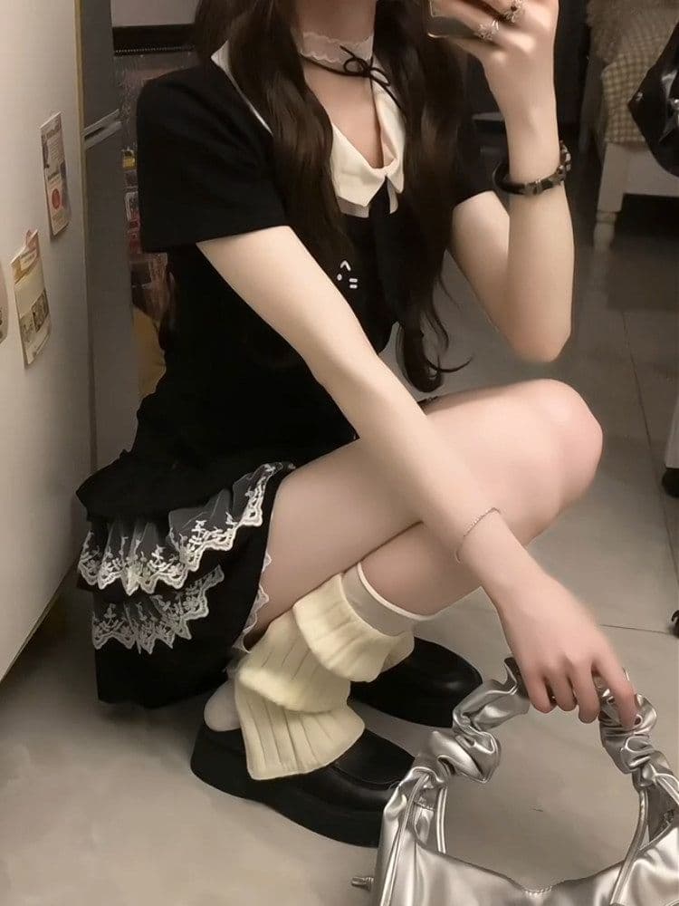 일본식 귀여운 하우스 부서 베이비 칼라 배색 반팔 맨위 케이크 드레스 두 조각 여성 세트 여름 새로운 연령 감소 세트 이미지 4
