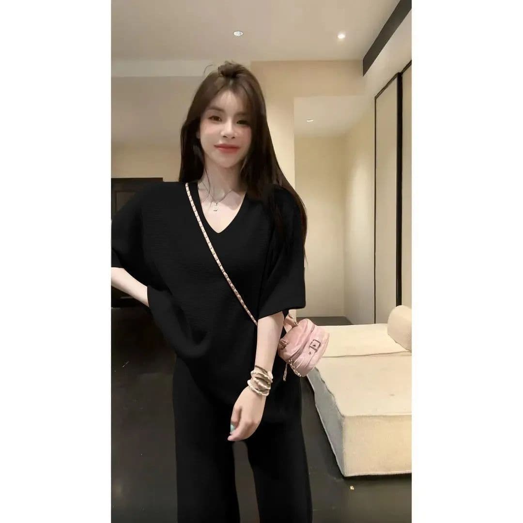 여름 새로운 느긋한 루즈핏 와이드 레그 팬츠 캐주얼 패션 반팔 여성 한 부서 느슨함 센스 투피스 세트 938 이미지 2