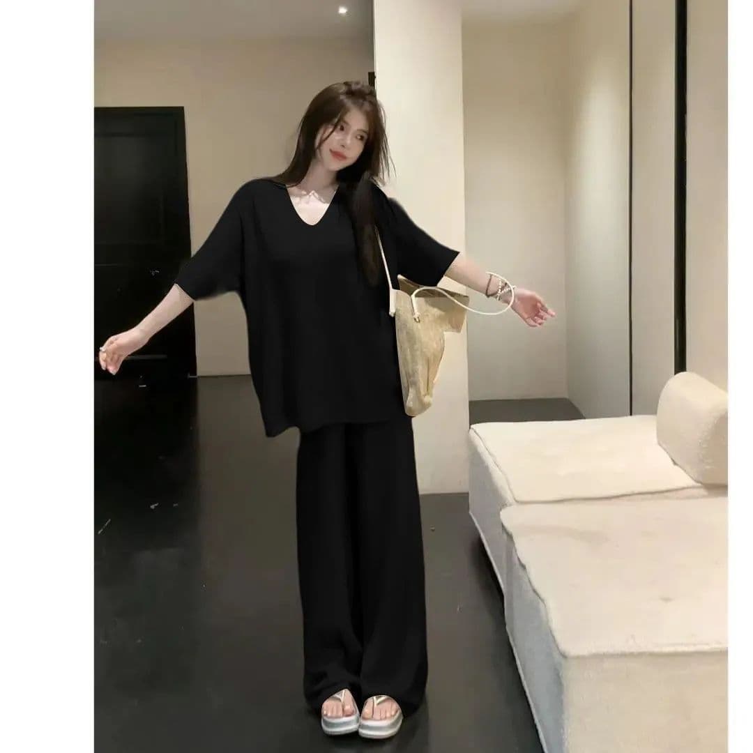여름 새로운 느긋한 루즈핏 와이드 레그 팬츠 캐주얼 패션 반팔 여성 한 부서 느슨함 센스 투피스 세트 938 이미지 5
