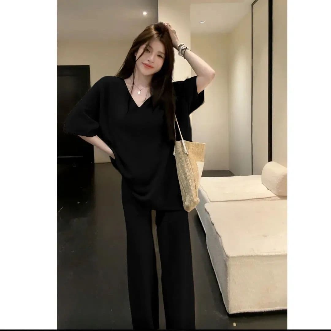 여름 새로운 느긋한 루즈핏 와이드 레그 팬츠 캐주얼 패션 반팔 여성 한 부서 느슨함 센스 투피스 세트 938 상세 이미지 6