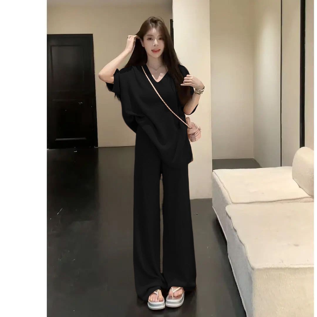 여름 새로운 느긋한 루즈핏 와이드 레그 팬츠 캐주얼 패션 반팔 여성 한 부서 느슨함 센스 투피스 세트 938 상세 이미지 10