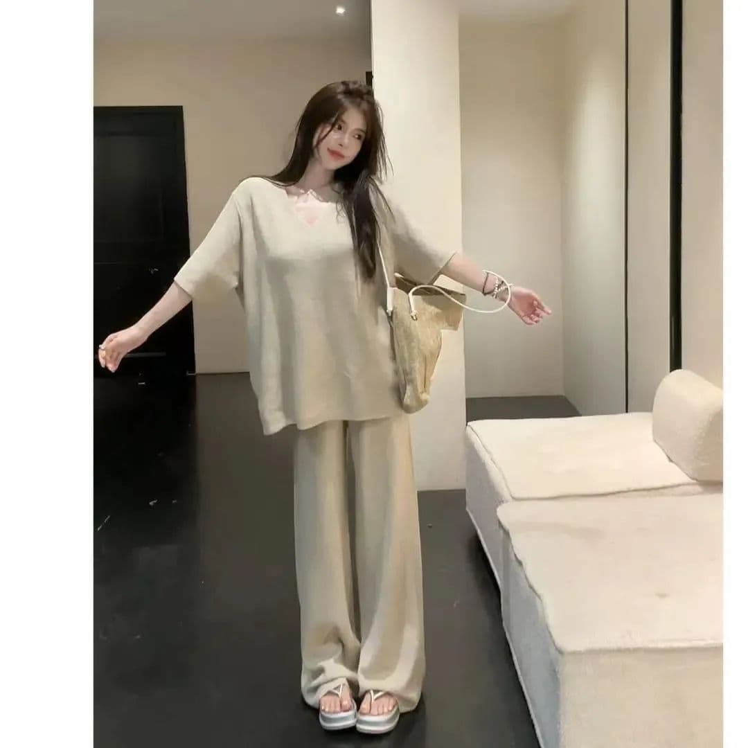 여름 새로운 느긋한 루즈핏 와이드 레그 팬츠 캐주얼 패션 반팔 여성 한 부서 느슨함 센스 투피스 세트 938 상세 이미지 14