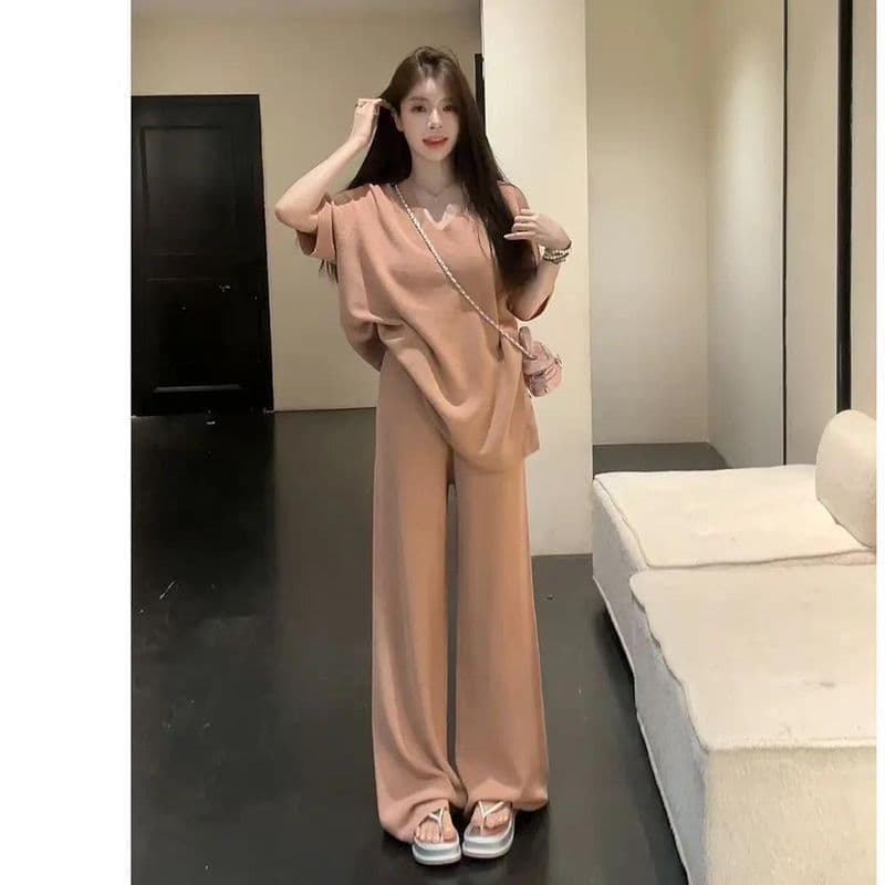 여름 새로운 느긋한 루즈핏 와이드 레그 팬츠 캐주얼 패션 반팔 여성 한 부서 느슨함 센스 투피스 세트 938 상세 이미지 15