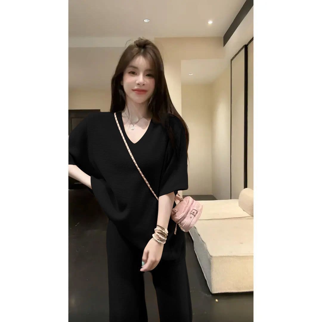 여름 새로운 느긋한 루즈핏 와이드 레그 팬츠 캐주얼 패션 반팔 여성 한 부서 느슨함 센스 투피스 세트 938 상세 이미지 18