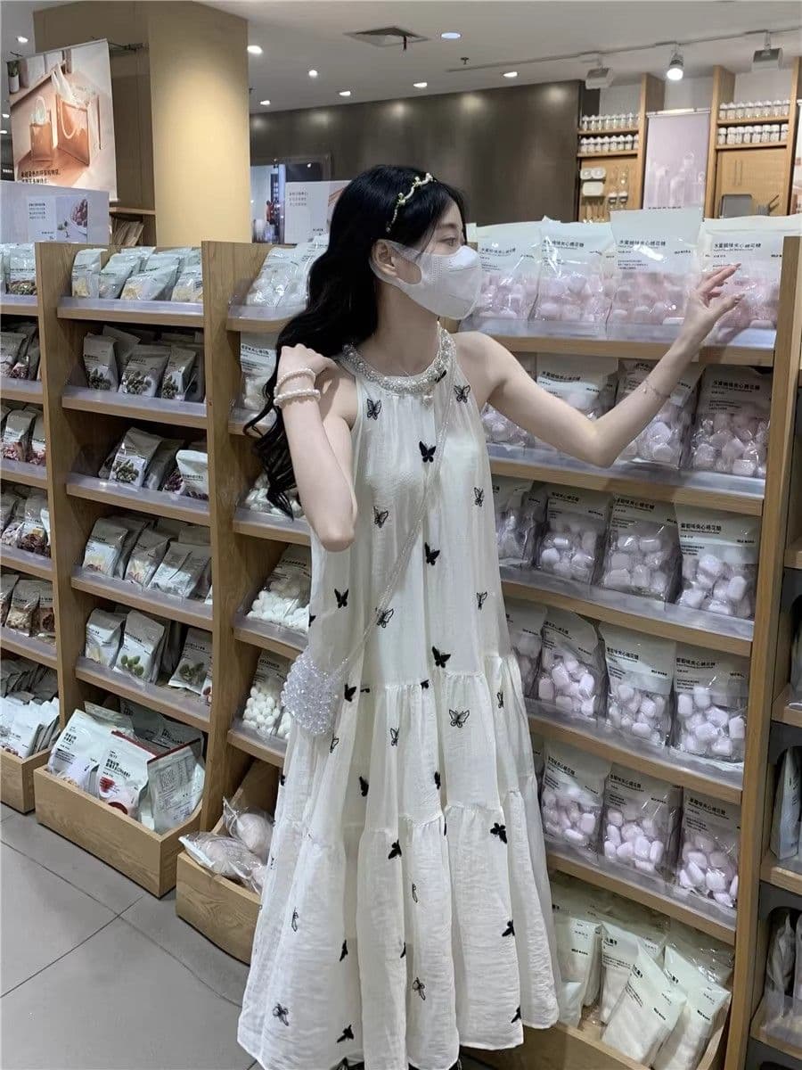수건 자수 스타일 첫사랑 민소매 행침 목 자수 여성 드레스 여름 부드러운 바람 품격 요정 아름다운 롱 스커트 이미지 3