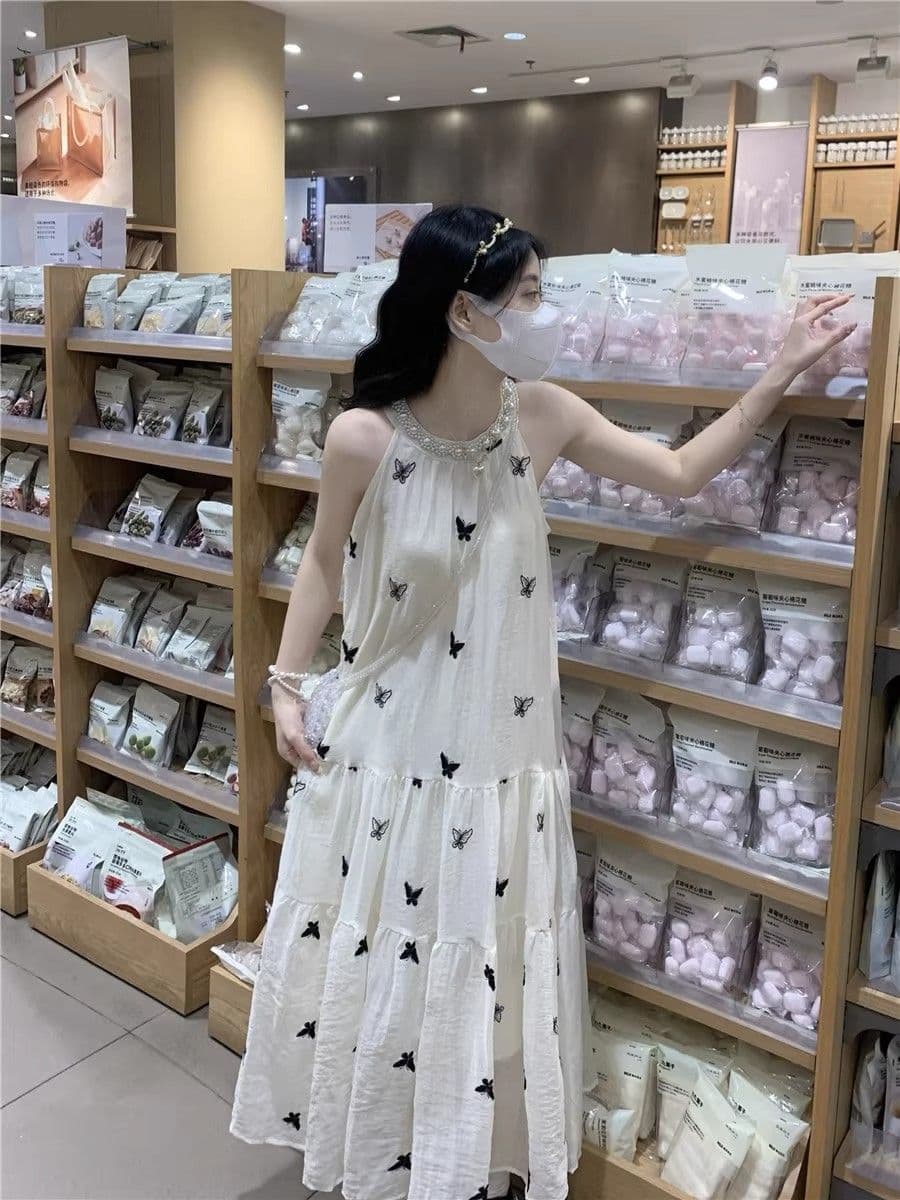 수건 자수 스타일 첫사랑 민소매 행침 목 자수 여성 드레스 여름 부드러운 바람 품격 요정 아름다운 롱 스커트 상세 이미지 3