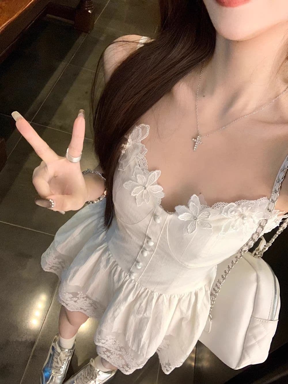 슬립 수 있습니다. 조정 순수한 욕망 바람 요정 한 부서 허리 수축 디자인 패치워크 레이스 오프숄더 민소매 고급 센스 치마 아이들 상세 이미지 6