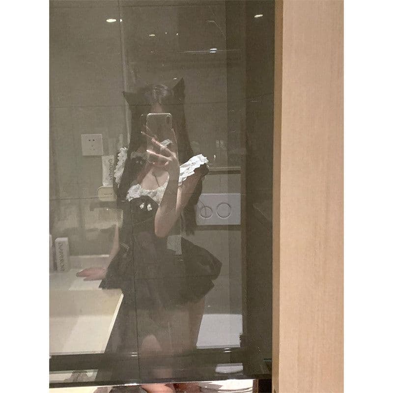 부유 한 가족 천 골드 센스 작은 검은 드레스 레이스 조각 오프숄더 여성 드레스 여름 허리 수축 슬림해 보이는 꽃밭 짧은 치마 이미지 3