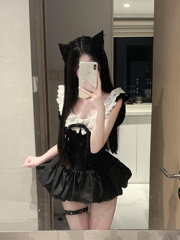 부유 한 가족 천 골드 센스 작은 검은 드레스 레이스 조각 오프숄더 여성 드레스 여름 허리 수축 슬림해 보이는 꽃밭 짧은 치마 상세 이미지 2