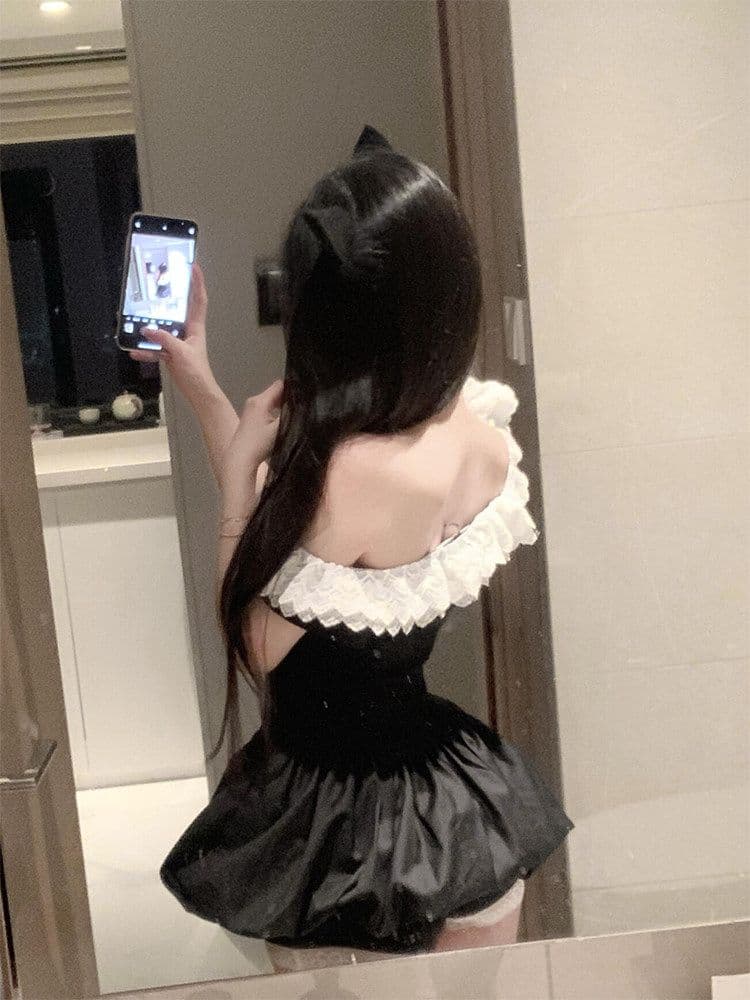 부유 한 가족 천 골드 센스 작은 검은 드레스 레이스 조각 오프숄더 여성 드레스 여름 허리 수축 슬림해 보이는 꽃밭 짧은 치마 상세 이미지 3