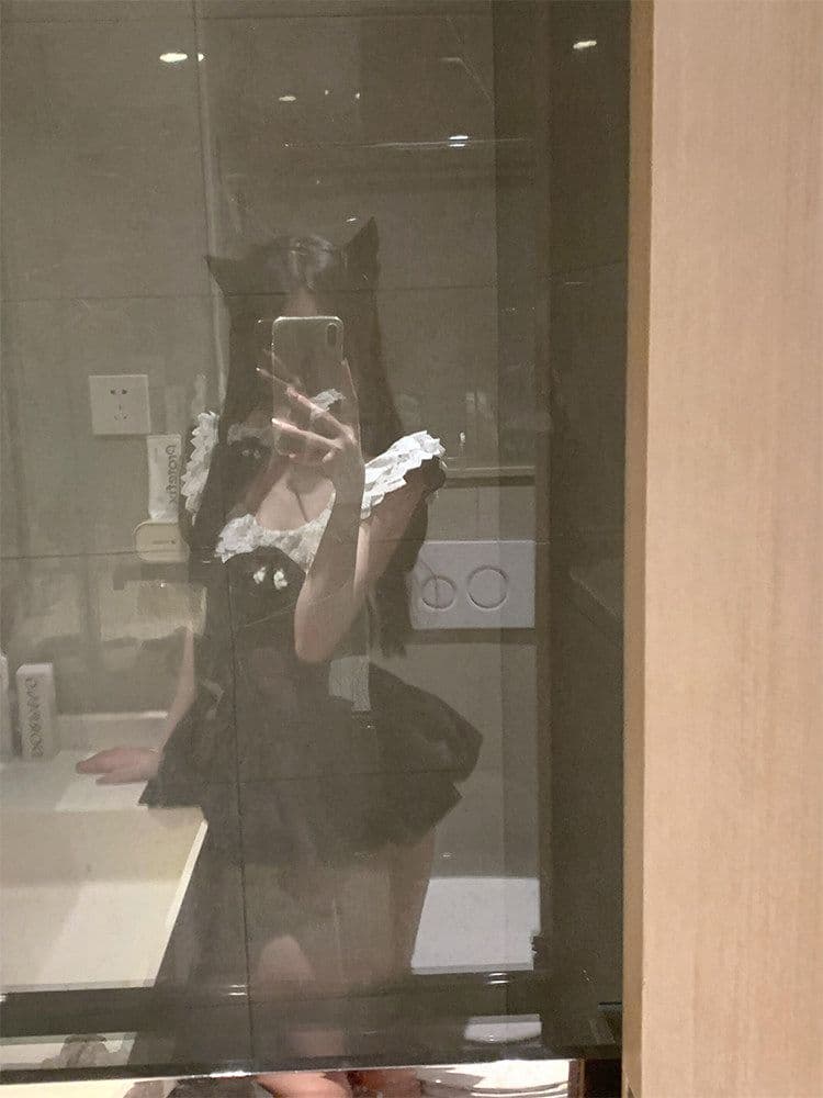 부유 한 가족 천 골드 센스 작은 검은 드레스 레이스 조각 오프숄더 여성 드레스 여름 허리 수축 슬림해 보이는 꽃밭 짧은 치마 상세 이미지 5
