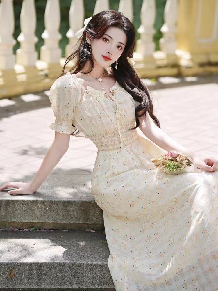 프랑스식 꽃무늬 하이웨이스트 명중 가져 가라. 드레스 품격 허리 수축 달콤한 스타일 첫사랑 꽃무늬 작은 청신 슈퍼 요정 롱 스커트 이미지 3