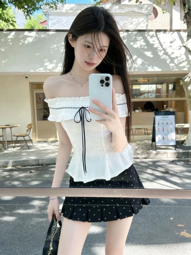 프랑스식 순수한 욕망 달콤함 몸매 가꾸기 오프숄더 맨위 투피스 슈트 여성 디자인 센스 도트 무늬 반신 짧은 치마 여름 이미지 2
