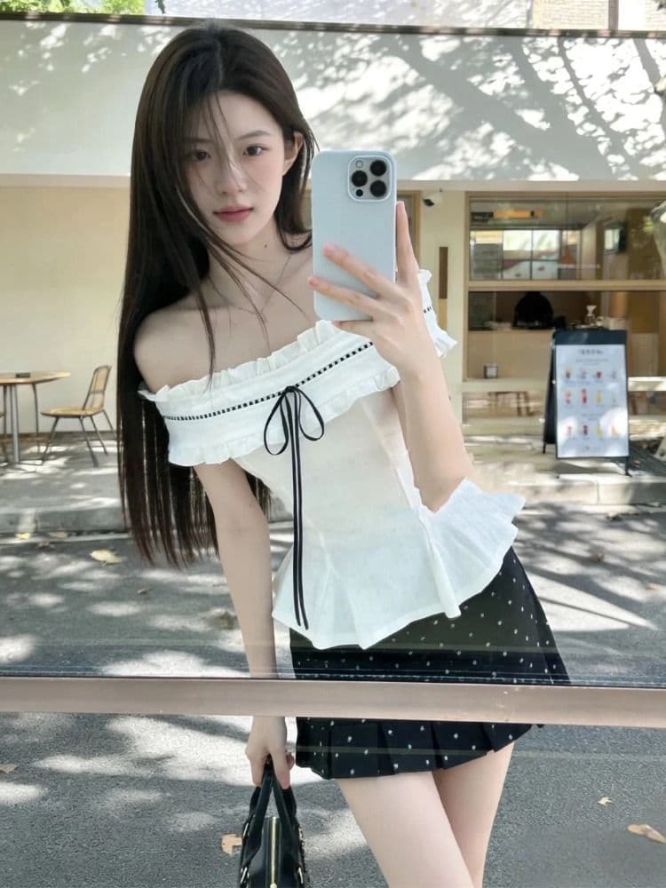 프랑스식 순수한 욕망 달콤함 몸매 가꾸기 오프숄더 맨위 투피스 슈트 여성 디자인 센스 도트 무늬 반신 짧은 치마 여름