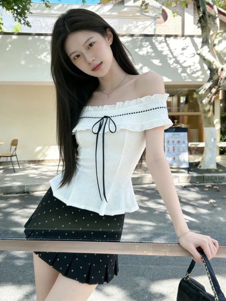 프랑스식 순수한 욕망 달콤함 몸매 가꾸기 오프숄더 맨위 투피스 슈트 여성 디자인 센스 도트 무늬 반신 짧은 치마 여름 이미지 4