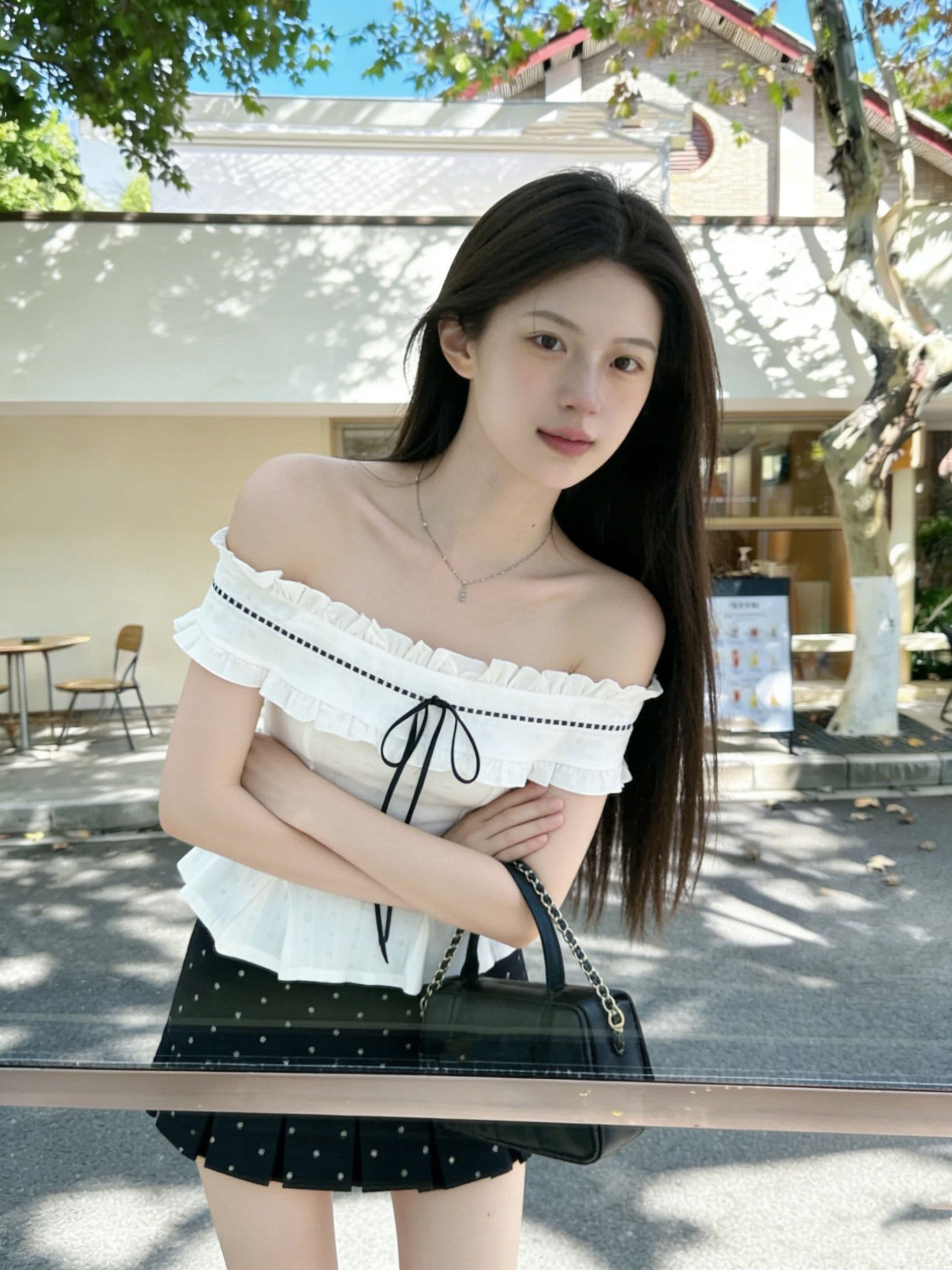 프랑스식 순수한 욕망 달콤함 몸매 가꾸기 오프숄더 맨위 투피스 슈트 여성 디자인 센스 도트 무늬 반신 짧은 치마 여름 상세 이미지 2