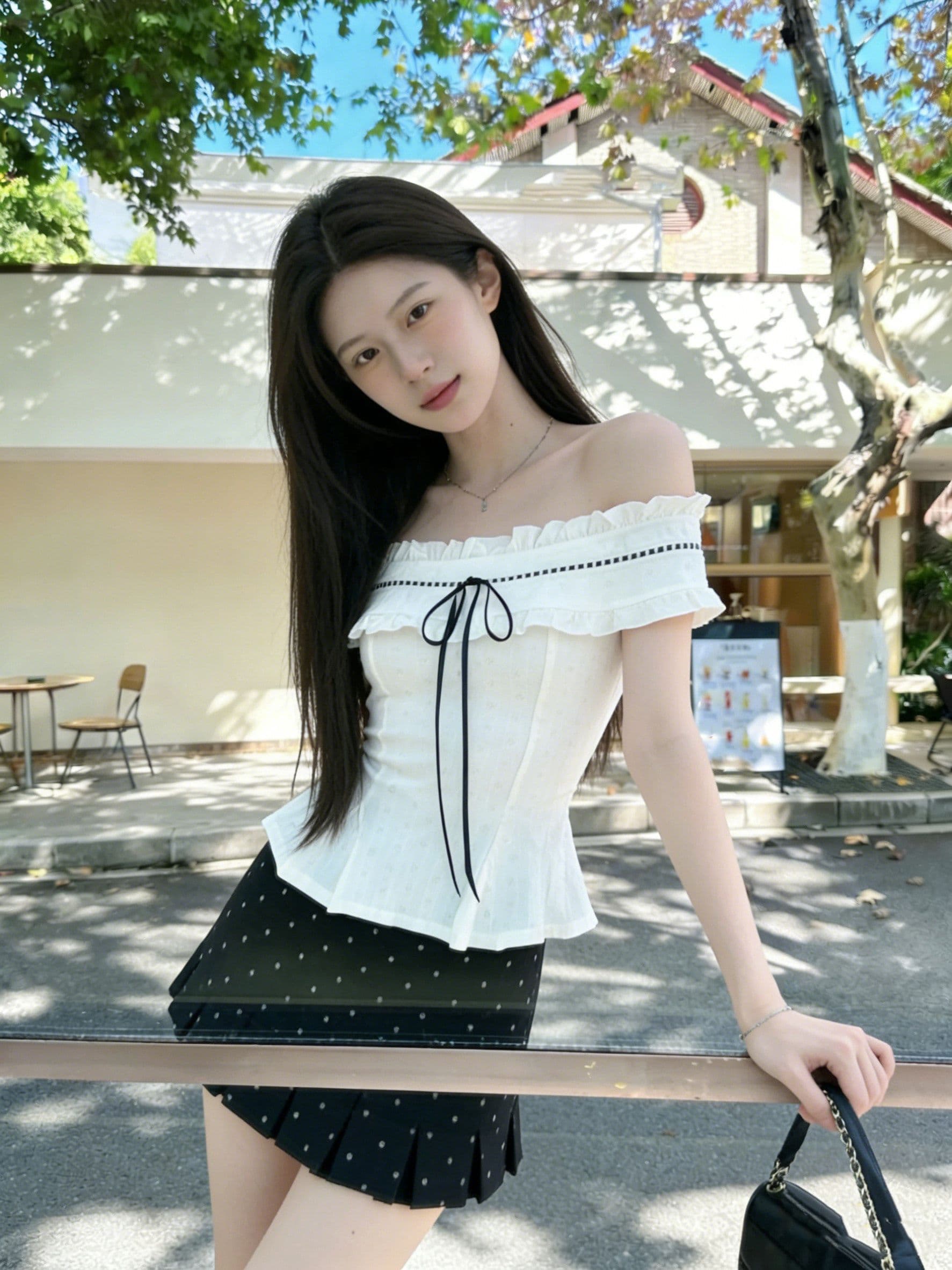 프랑스식 순수한 욕망 달콤함 몸매 가꾸기 오프숄더 맨위 투피스 슈트 여성 디자인 센스 도트 무늬 반신 짧은 치마 여름 상세 이미지 3