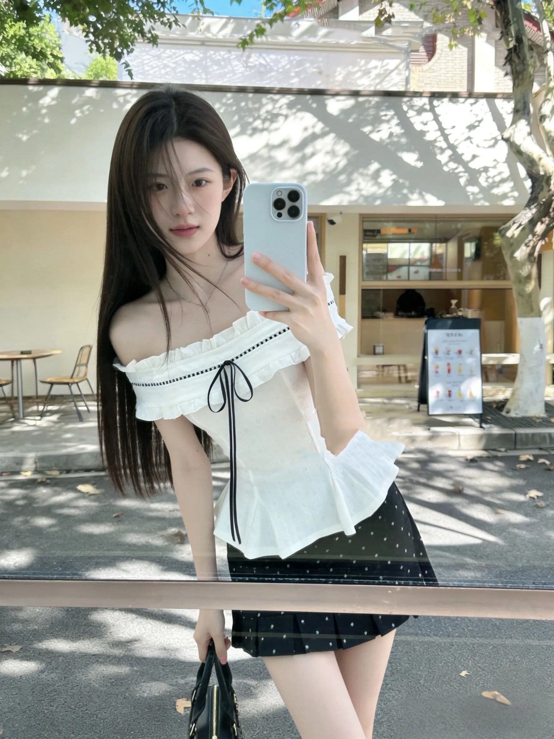 프랑스식 순수한 욕망 달콤함 몸매 가꾸기 오프숄더 맨위 투피스 슈트 여성 디자인 센스 도트 무늬 반신 짧은 치마 여름 상세 이미지 6